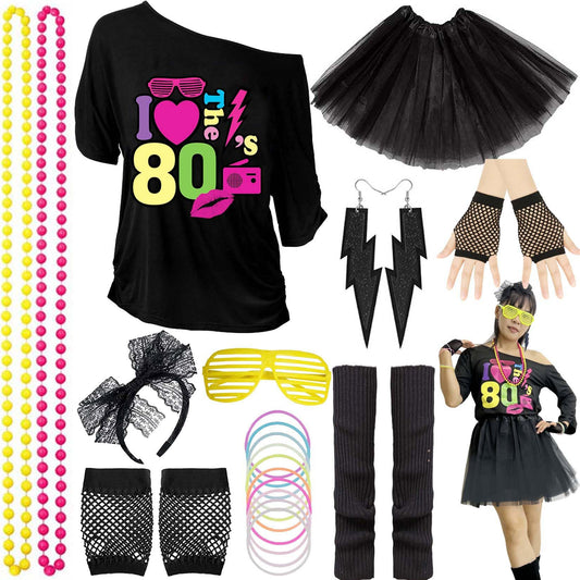 80s Outfits for Women, The 80s Costume Accessories, 1980s T-Shirt Tutu Dress Headband Earring Necklace Fishnet Gloves Legwarmers 21 Pcs Party Halloween Outfit 3XL