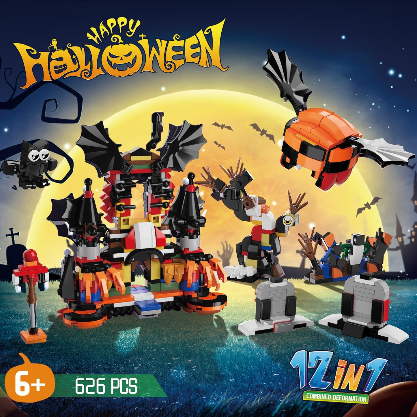 Xalvitra Halloween Party Favors Toys for Kids,Halloween Haunted House 12 in 1 Building Blocks Set Gift 668PCS,Halloween Mini Cute Bricks Pcs Goodie Bags Fillers Classroom Prizes Boys or Girls 6-12