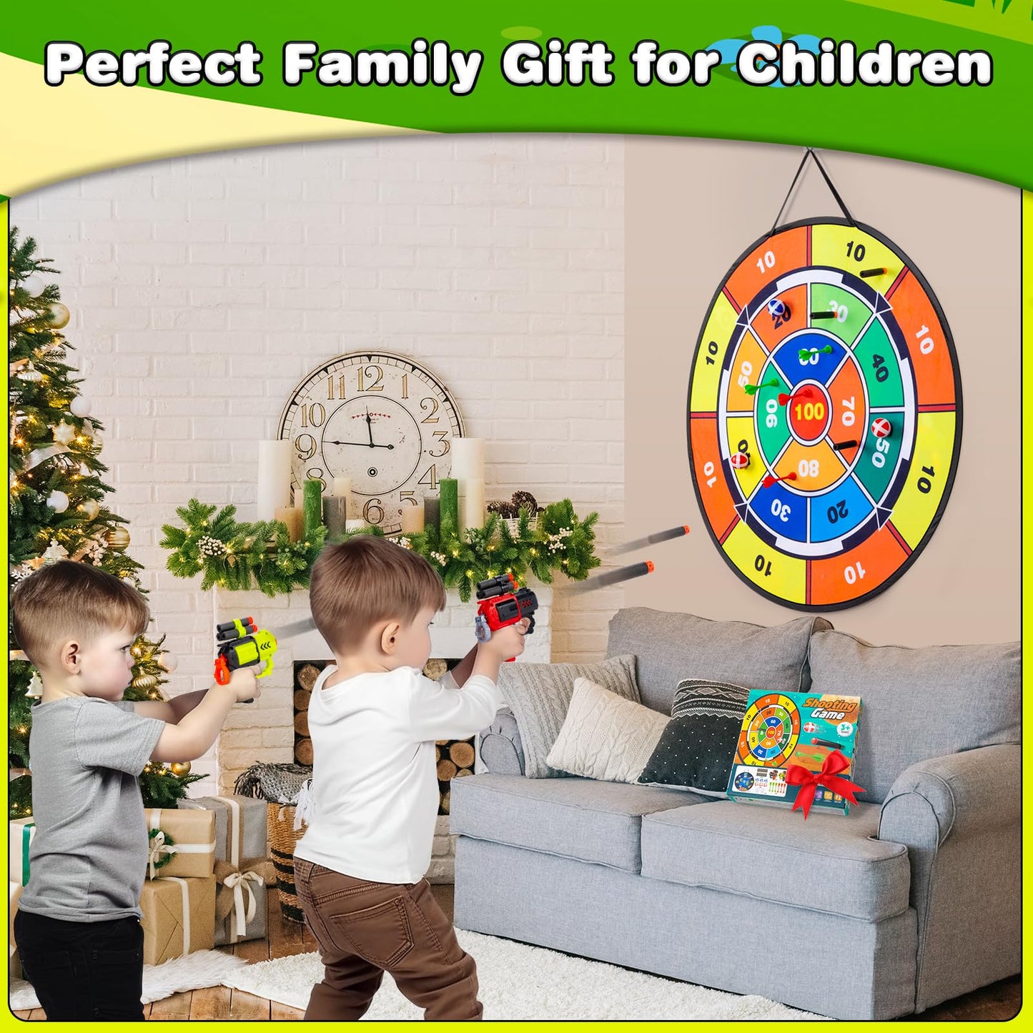 29" Dart Board for Kids - Double Sided Shooting Games with 2 Toy Guns, 6 Sticky Balls and Darts, Indoor Outdoor Party Sport Toys for 3 4 5 6 7 8 Years Old Boys Girls