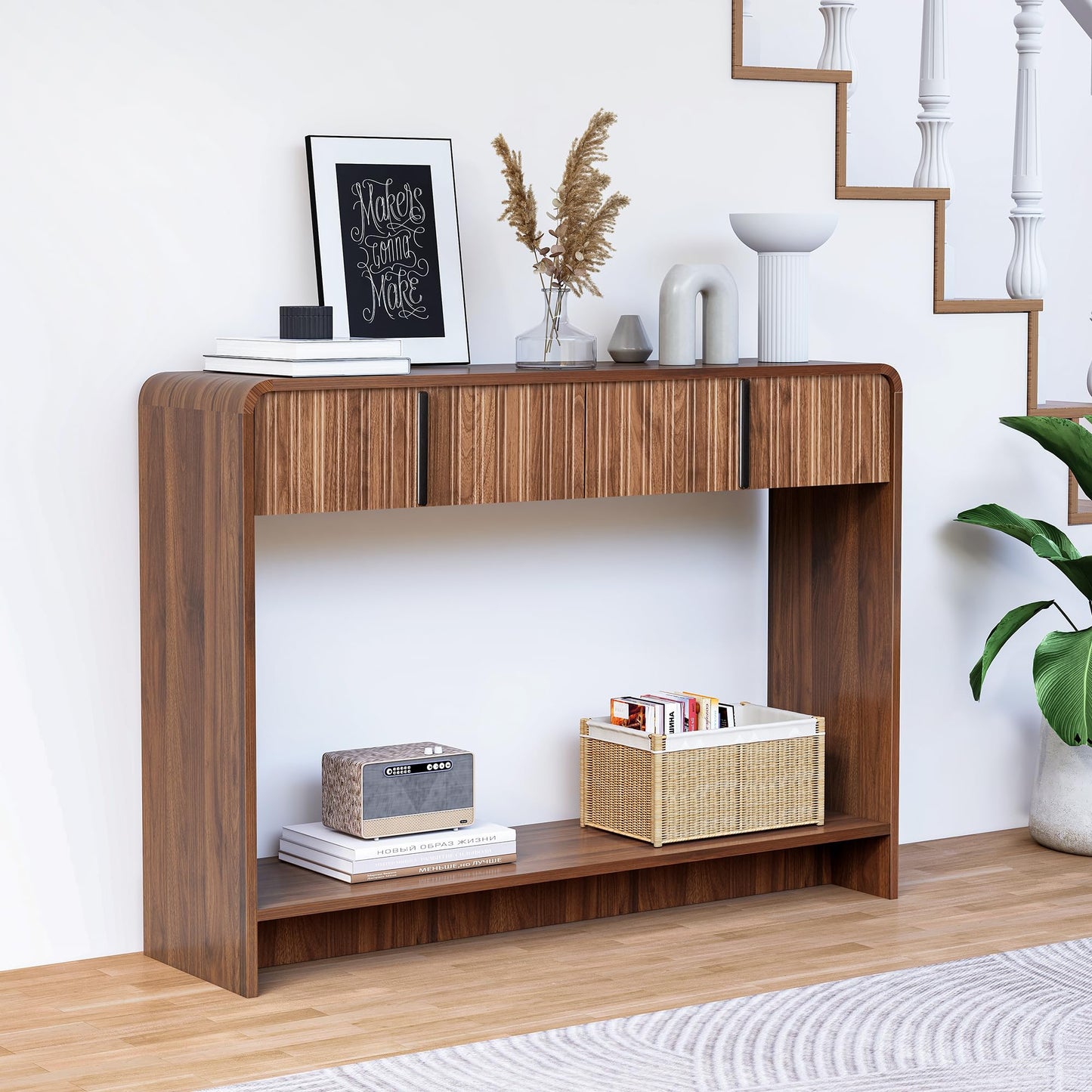 43.3" Narrow Console Table with 2 Drawer,Brown Fluted Entryway Table with Storage,Slim Long Sofa Table for Living Room,Hallway Entrance Foyer