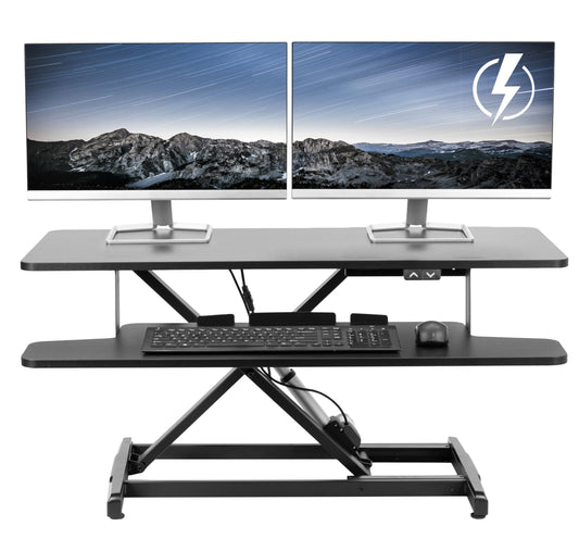 VIVO 36 inch Electric Motor Desk Converter, Height Adjustable Riser, Sit to Stand Dual Monitor and Laptop Workstation with Wide Keyboard Tray, Black, DESK-VE36B