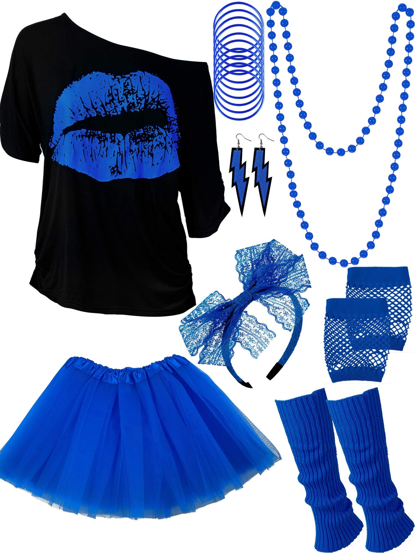 Women's 80s Costume Accessories Set, Lips Print T-Shirt Adult Tutu Skirt Lace Headband Neon Earrings Necklace Leg Warmers Fishnet Gloves Bracelet (Royalblue, XXL)