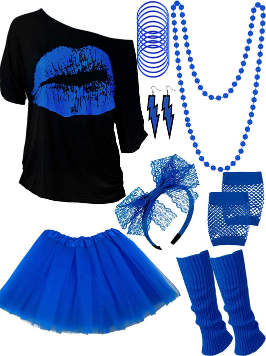 Women's 80s Costume Accessories Set, Lips Print T-Shirt Adult Tutu Skirt Lace Headband Neon Earrings Necklace Leg Warmers Fishnet Gloves Bracelet (Royalblue, XXL)