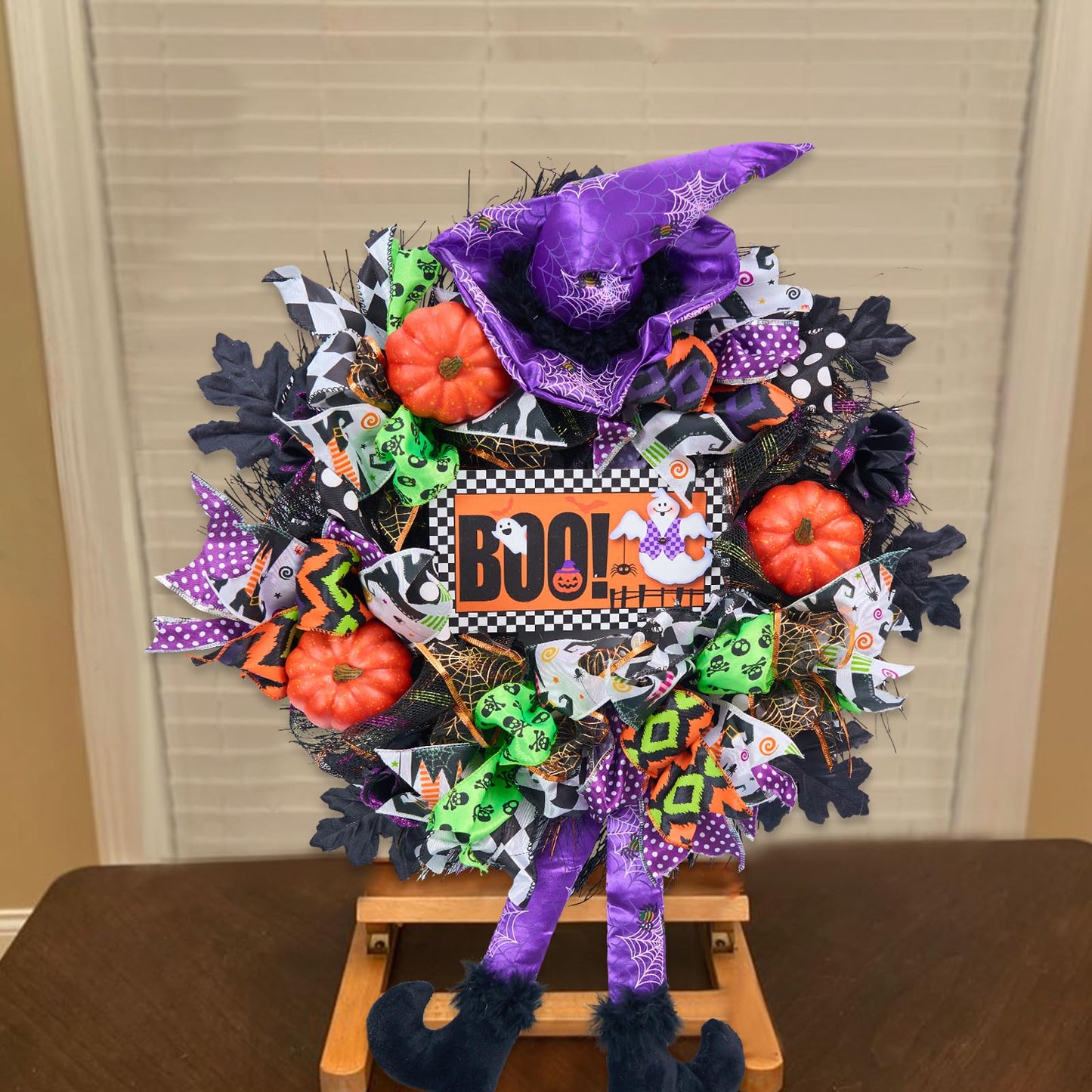 Vofuly Wreath for Front Door,20inch mesh Wreath,Pumkin & Witch Wreath with Legs,Fun Porch Decor,Decoration,Whimsical Halloween,Purple Green Orange (V23HL001)