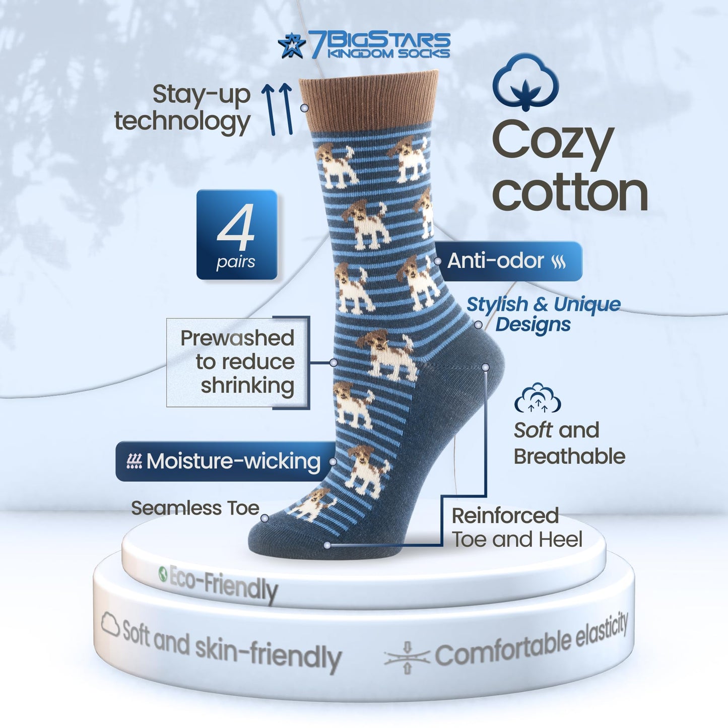 7BIGSTARS KINGDOM Women Fun Crew Cotton Novelty Socks - 4 Pairs Large - Puppy - Sock Size:10-12, Shoe Size:8-12,1 of Olive Green, 1 of Light Navy, 1 of Light Beige, 1 of Dark Navy