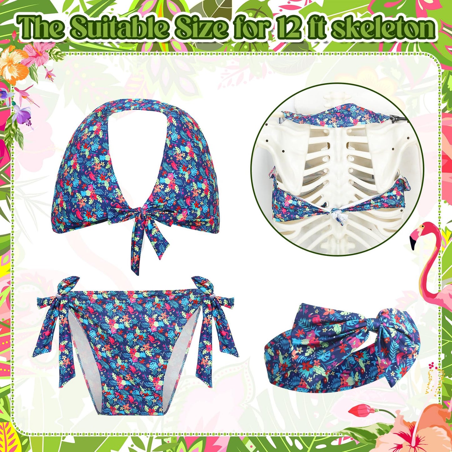 3 Pcs Hawaii 12 ft Giant Skeleton Costume Accessories Set Sexy Bikini Swimsuit and Bow Hairband Palm Leaves and Flamingo Skeleton Costumes for Summer Luau Party Garden Lawn Outdoor Decor