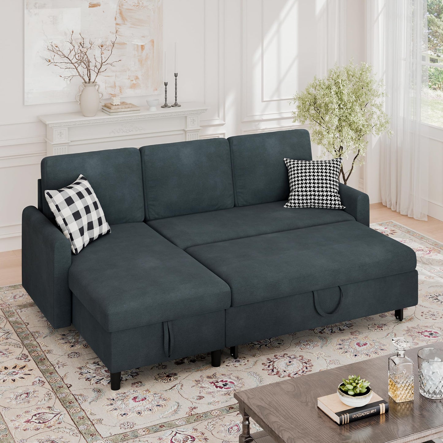 Walsunny Sectional Sofa Couch Bed L Shaped Sleeper Sofa Bed Pull Out Bed with Storage, Reversible Sectional Couches for Living Room, Apartment, Office(Dark Gray)
