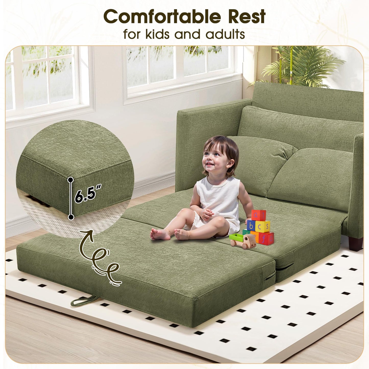 51" Convertible Loveseat Sofa Bed, 2 in1 Folding Sofa Bed, Loveseat Sleeper Sofa for Small Spaces, Fold Out Floor Couch with 2 Pillows for Apartment, Living Room & Guest Room, Green Chenille Fabric