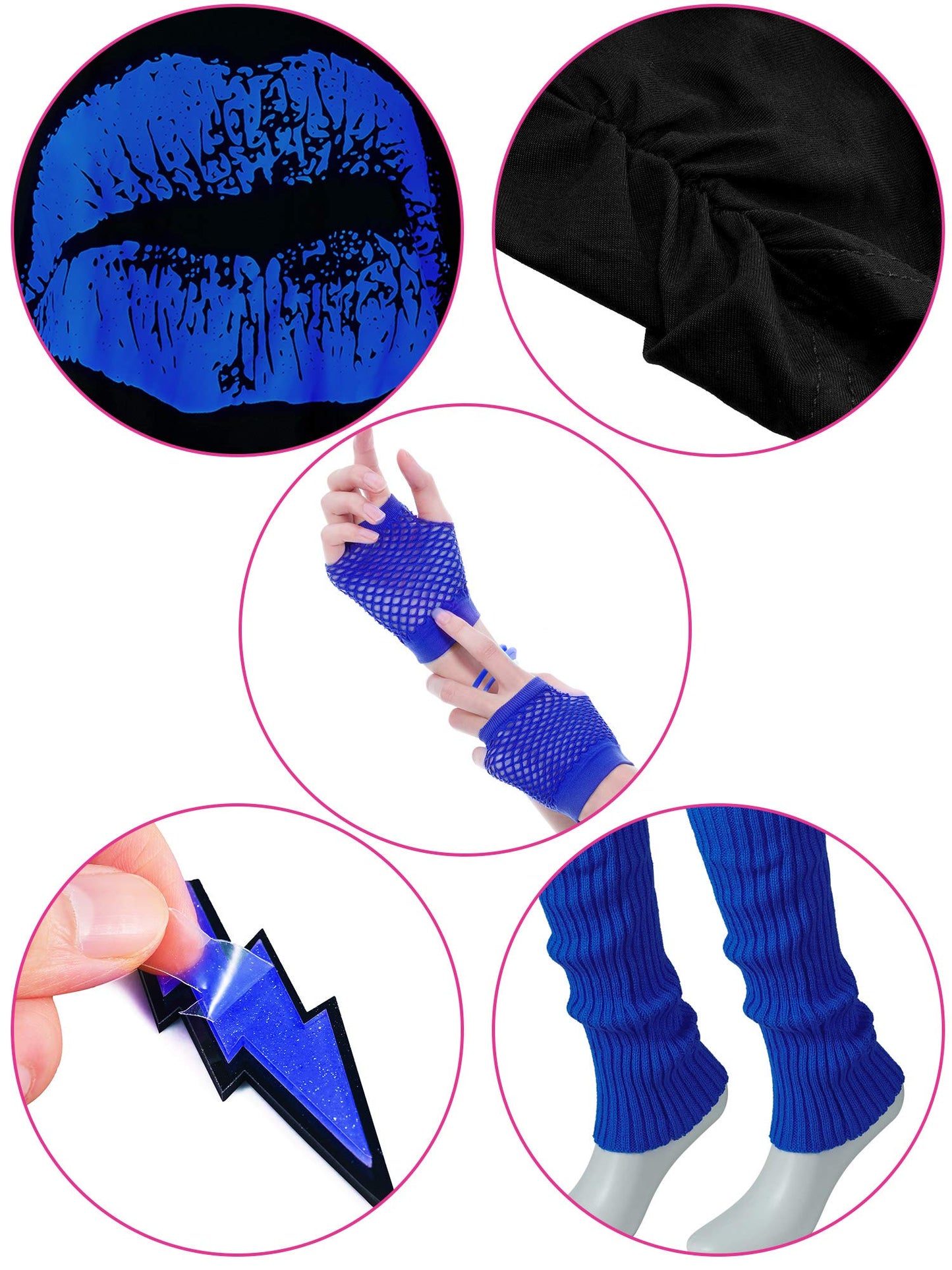 Women's 80s Costume Accessories Set, Lips Print T-Shirt Adult Tutu Skirt Lace Headband Neon Earrings Necklace Leg Warmers Fishnet Gloves Bracelet (Royalblue, XXL)