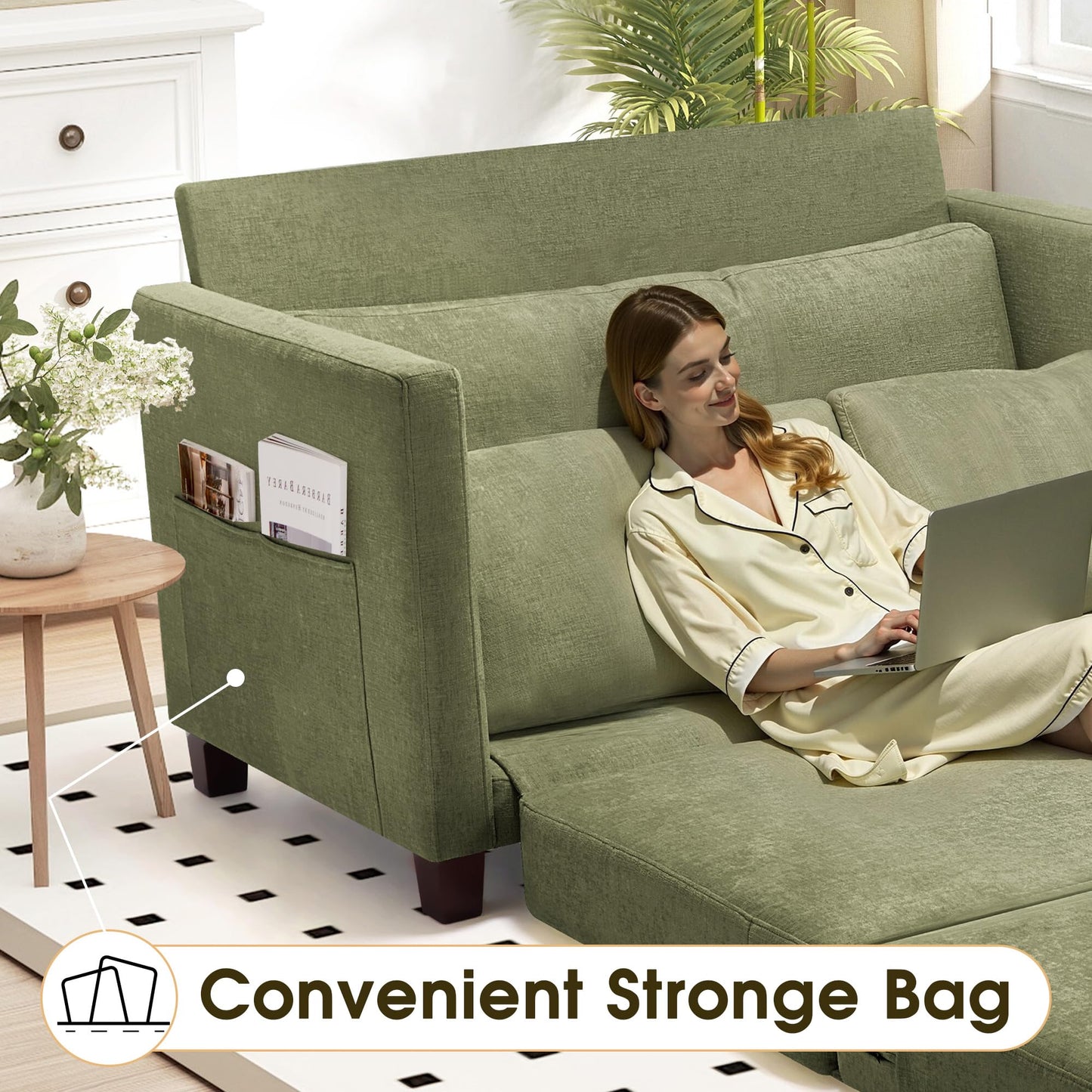 51" Convertible Loveseat Sofa Bed, 2 in1 Folding Sofa Bed, Loveseat Sleeper Sofa for Small Spaces, Fold Out Floor Couch with 2 Pillows for Apartment, Living Room & Guest Room, Green Chenille Fabric