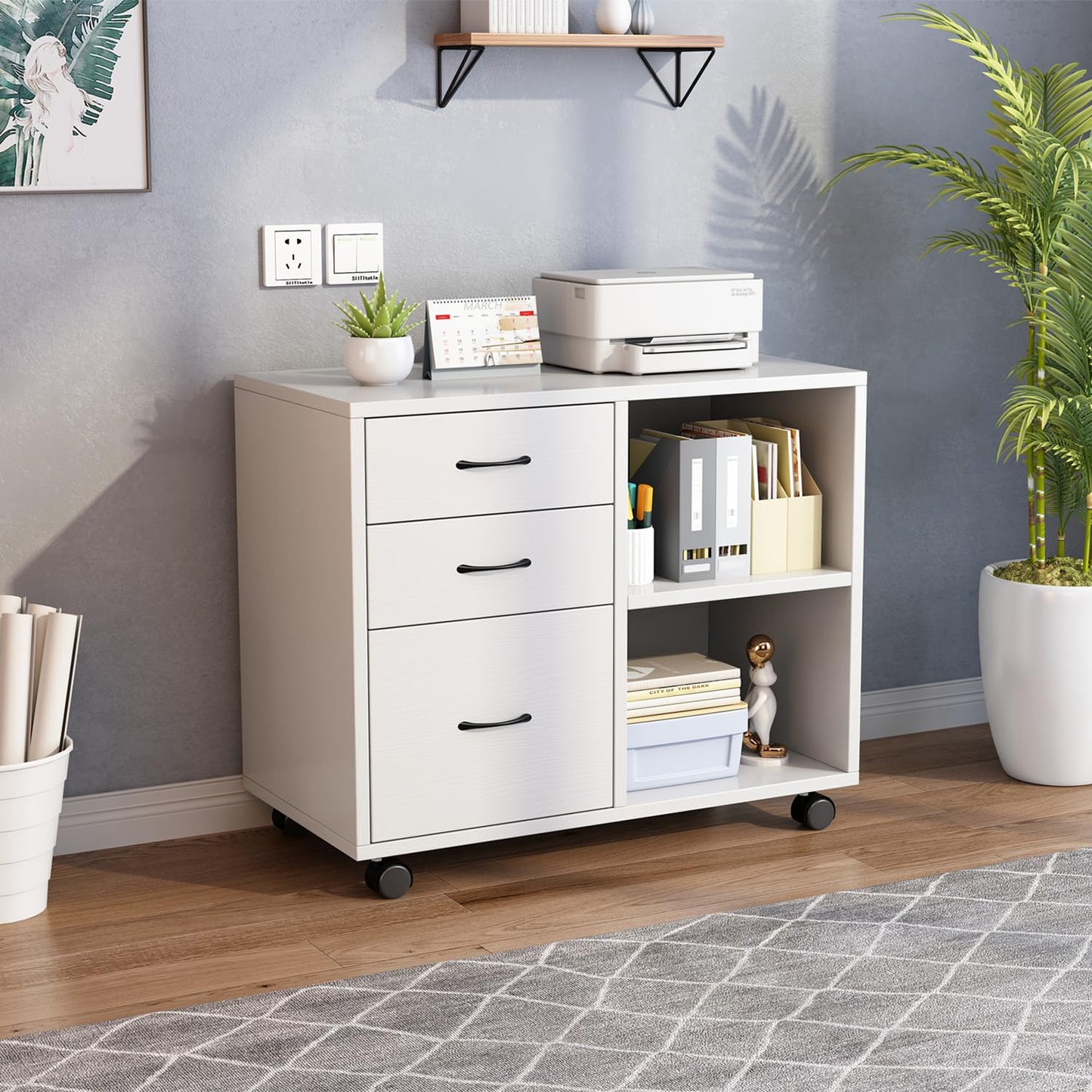 3 Drawer office furniture storage cabinet，Office Pedestal Files storage cabinet，Printer Stand with Open Storage Shelves and Rolling Wheels for Office and Home Organization,black and white (White)