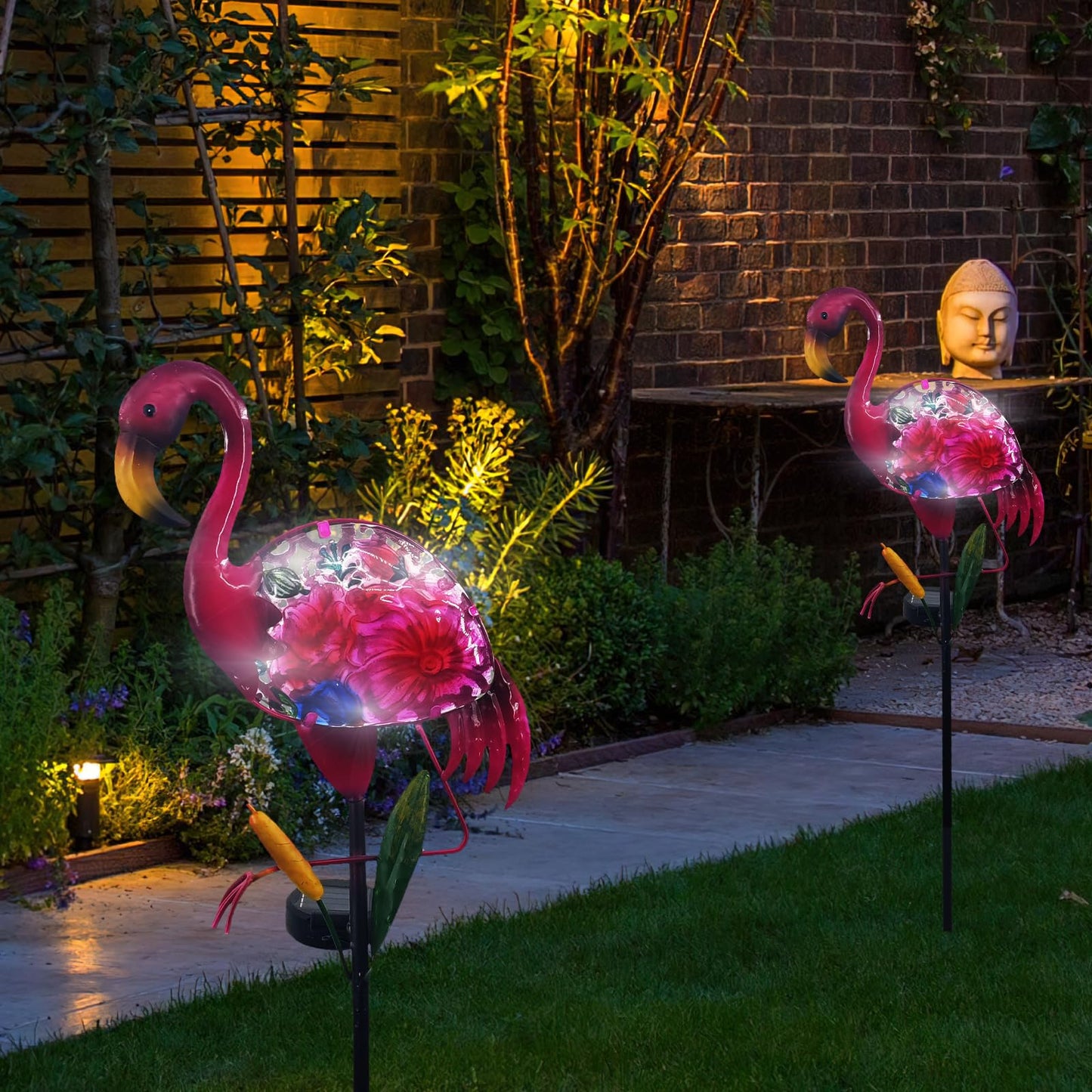WUFEILY Solar Garden Lights, Glass & Metal Flamingo Solar Garden Decor Solar Pathway Lights Solar Garden Stakes Decorative Yard Art Yard Decor Waterproof for Patio Lawn Courtyard