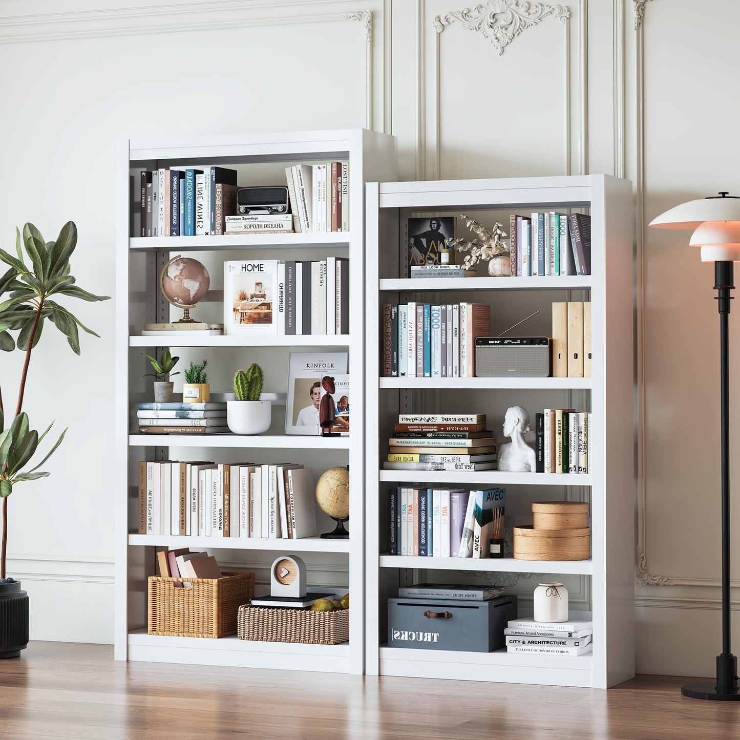White Bookshelf, Adjustable 5 Tier Bookshelf, 69" H Modern Tall Bookcase, Metal Industrial Bookshelves and Bookcases for Living Rooms, Home Offices, Library, 10 Minutes Assemble