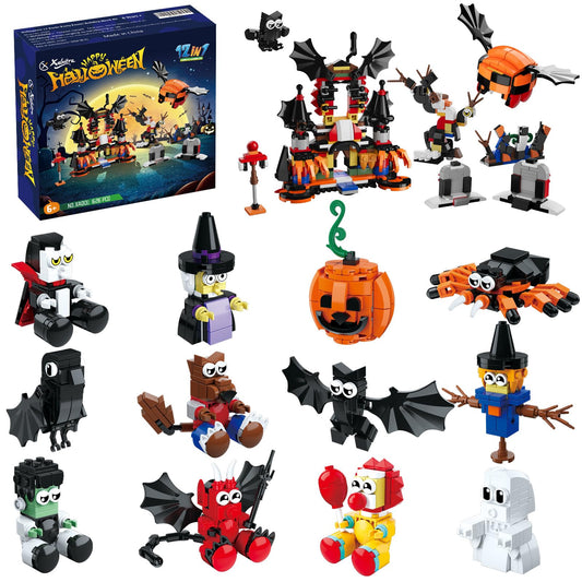 Xalvitra Halloween Party Favors Toys for Kids,Halloween Haunted House 12 in 1 Building Blocks Set Gift 668PCS,Halloween Mini Cute Bricks Pcs Goodie Bags Fillers Classroom Prizes Boys or Girls 6-12