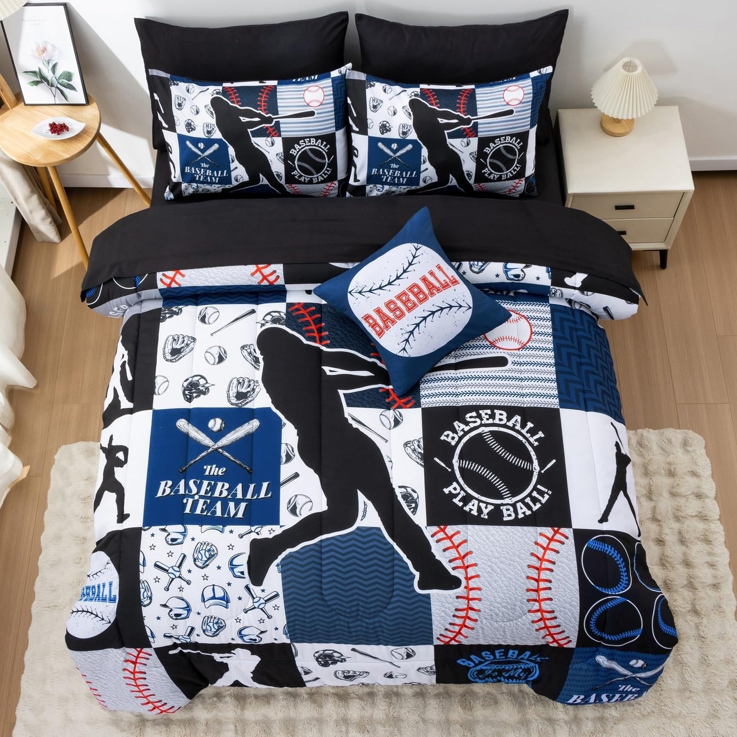 A Nice Night Sports Geometric Grid Black Patchwork Baseball Printed for Boys Twin 6Pcs Bed in A Bag Comforter Bedding Set,Blue