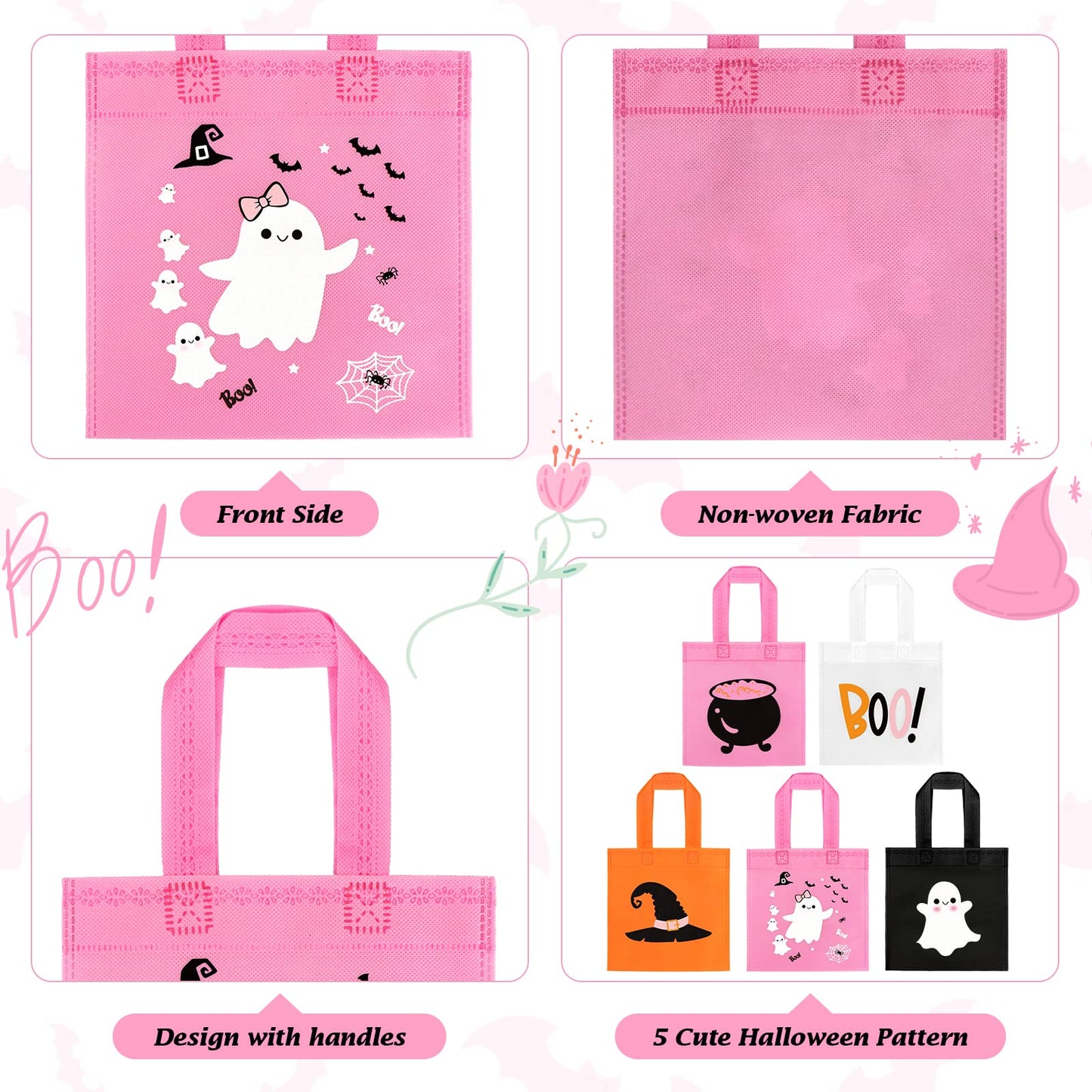 20pcs Pink Girl Halloween Treats Bags - Cute Ghost Witch Cauldron NonWoven Candy Bag Gift Tote for Little Boo Baby Shower Party Supplies
