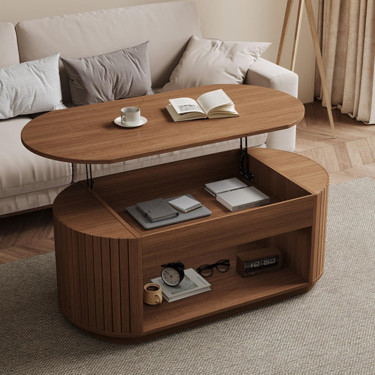 47-Inch Lift Top Wood Coffee Table with Hidden Storage Compartment and Open Shelf for Living Room, Fluted Oval Center Tea Table with Wooden Lift-Top for Apartment, Small Space, Light Brown Oak