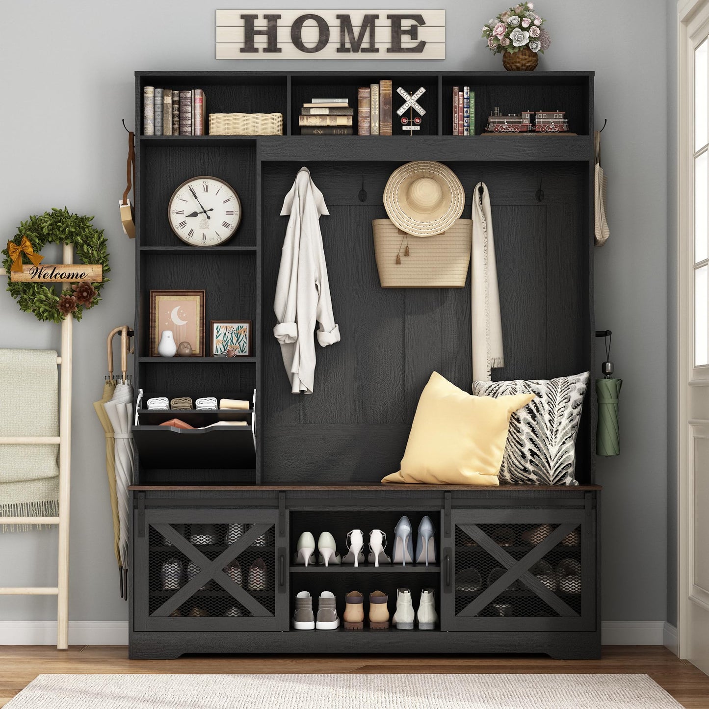 75''H LED Farmhouse Hall Tree with Bench and Shoe Storage,Entryway Bench with Coat Rack,16 Shoe Cubbies & Umbrella Holder and Sock Storage Drawer,Mudroom/Hallway Storages Cabinet(black)