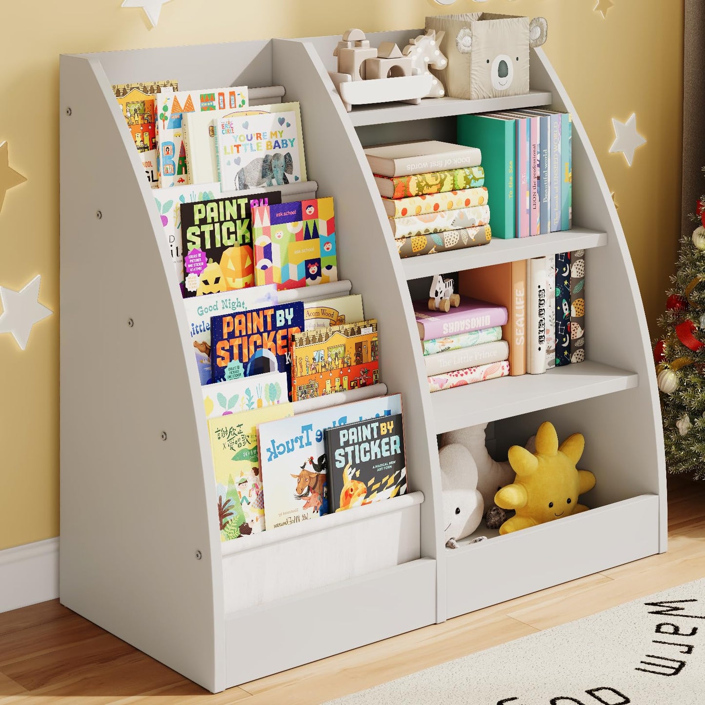 4 Tier Kids Bookshelf, 4 Layer Sling Kids Book Shelf for Kids Rooms,Wood Children Bookcase,Baby Storage Book Rack,Toddler Bookshelf, Book and Toy Organizer,Book Display Shelf for Bedroom, Nursery