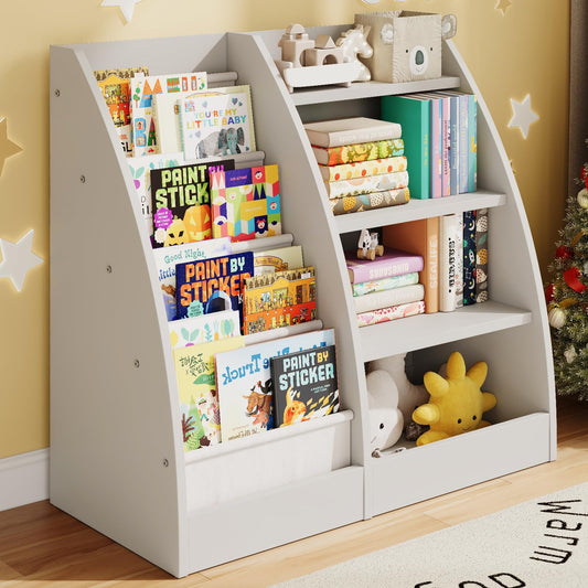 4 Tier Kids Bookshelf, 4 Layer Sling Kids Book Shelf for Kids Rooms,Wood Children Bookcase,Baby Storage Book Rack,Toddler Bookshelf, Book and Toy Organizer,Book Display Shelf for Bedroom, Nursery