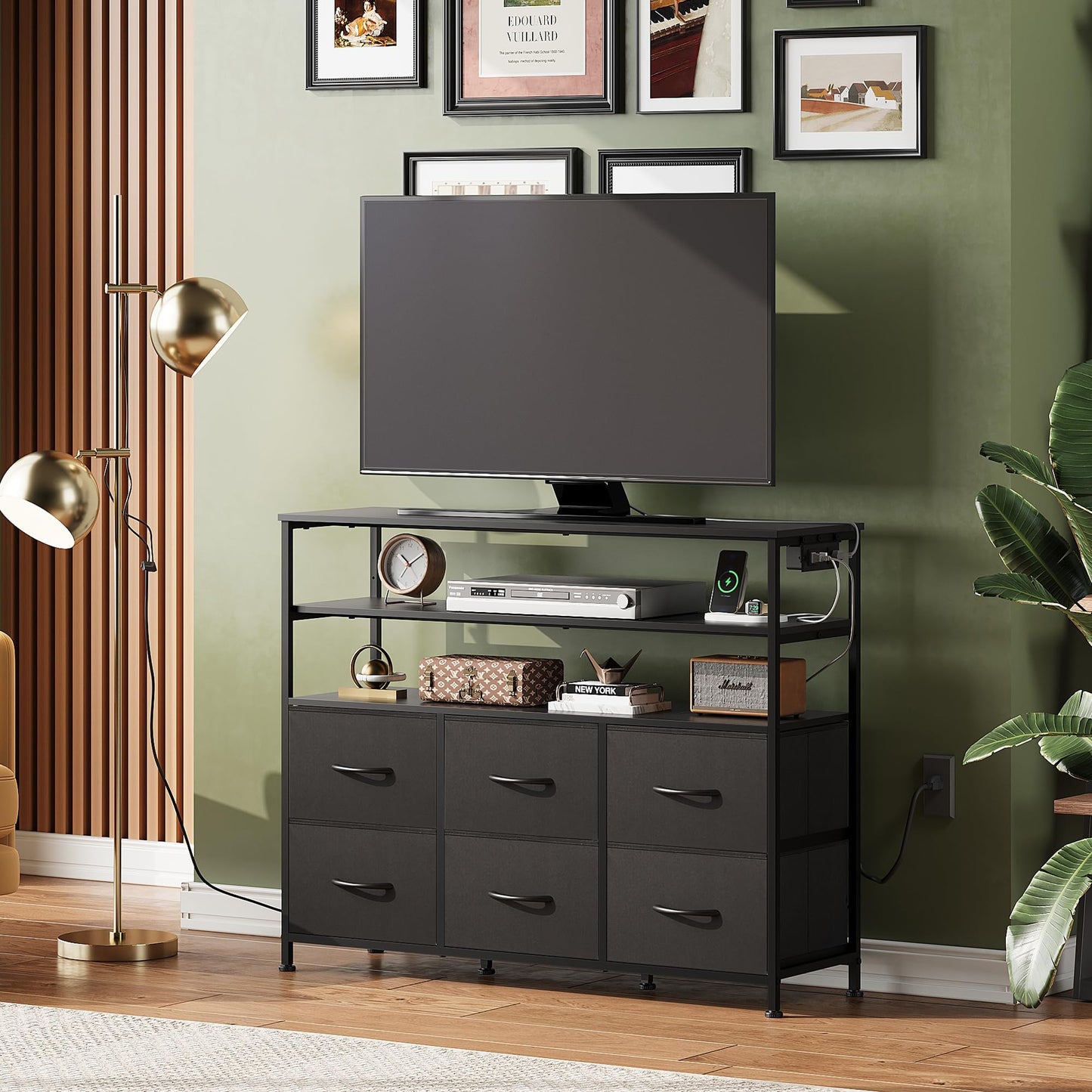 WLIVE Black Dresser for Bedroom, 6 Drawer Dressers with LED Lights and Charging Station, Fabric Chest of Drawers with Open Shelves, LED Storage Dresser for Living Room, Closet