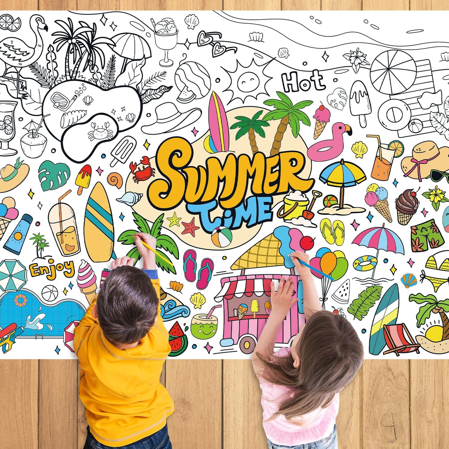43.3x31.5" Summer Coloring Poster with Picture, Giant Summer Time Painting Poster, Large Coloring Tablecloth for Classroom Home Birthday Party Supplies Favor