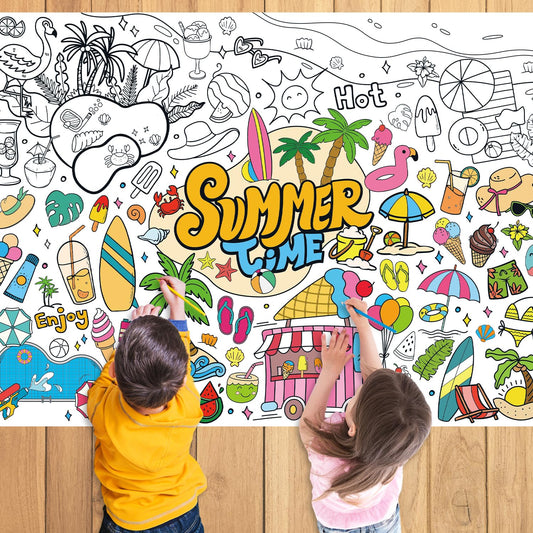 43.3x31.5" Summer Coloring Poster with Picture, Giant Summer Time Painting Poster, Large Coloring Tablecloth for Classroom Home Birthday Party Supplies Favor