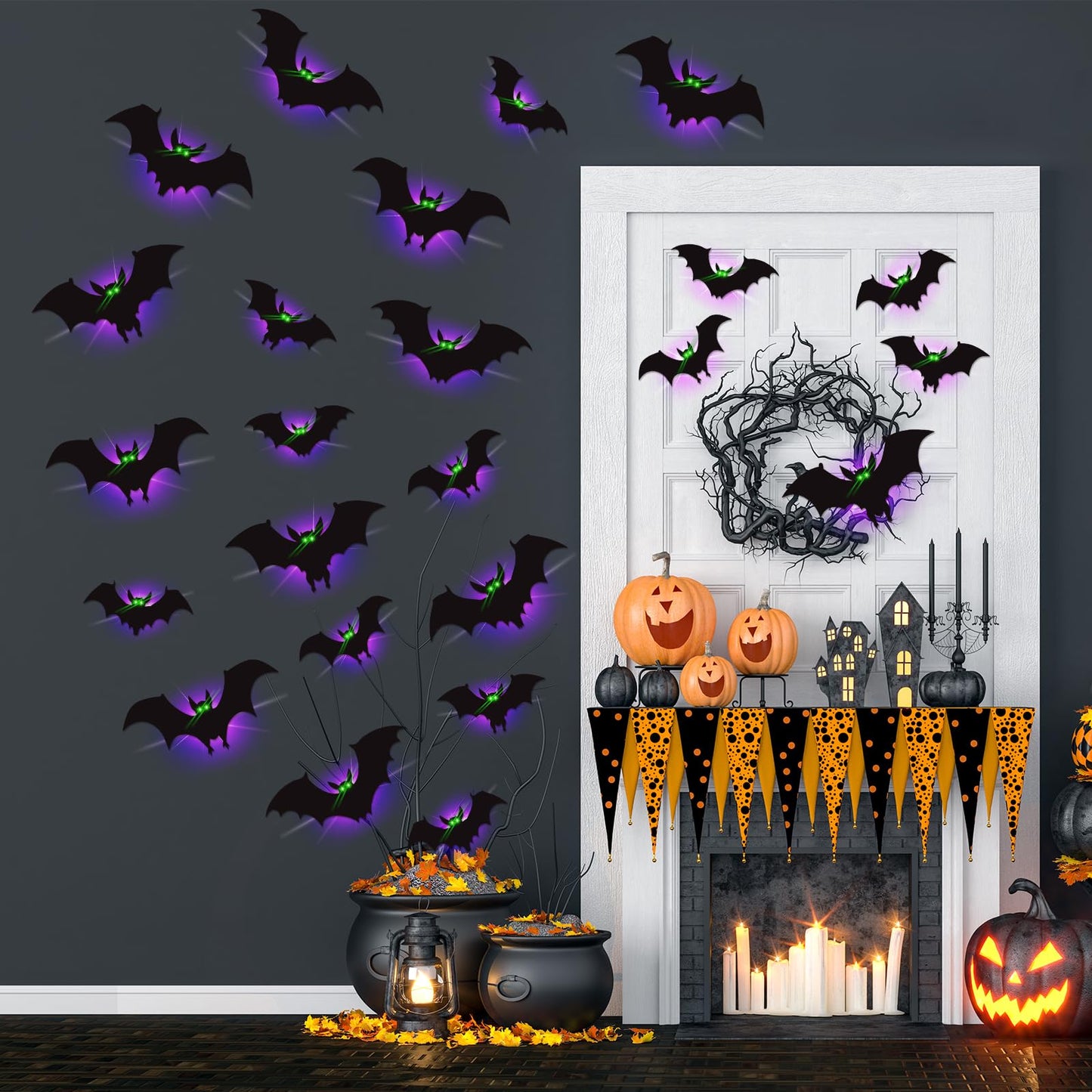 24 Pack Halloween Bats Decorations Wall Stickers with Glow in Dark Eye, 4 Different Style Removable PVC Wall Bats Sticker for Indoor Outdoor Home Window Garage Decor Party Supplies