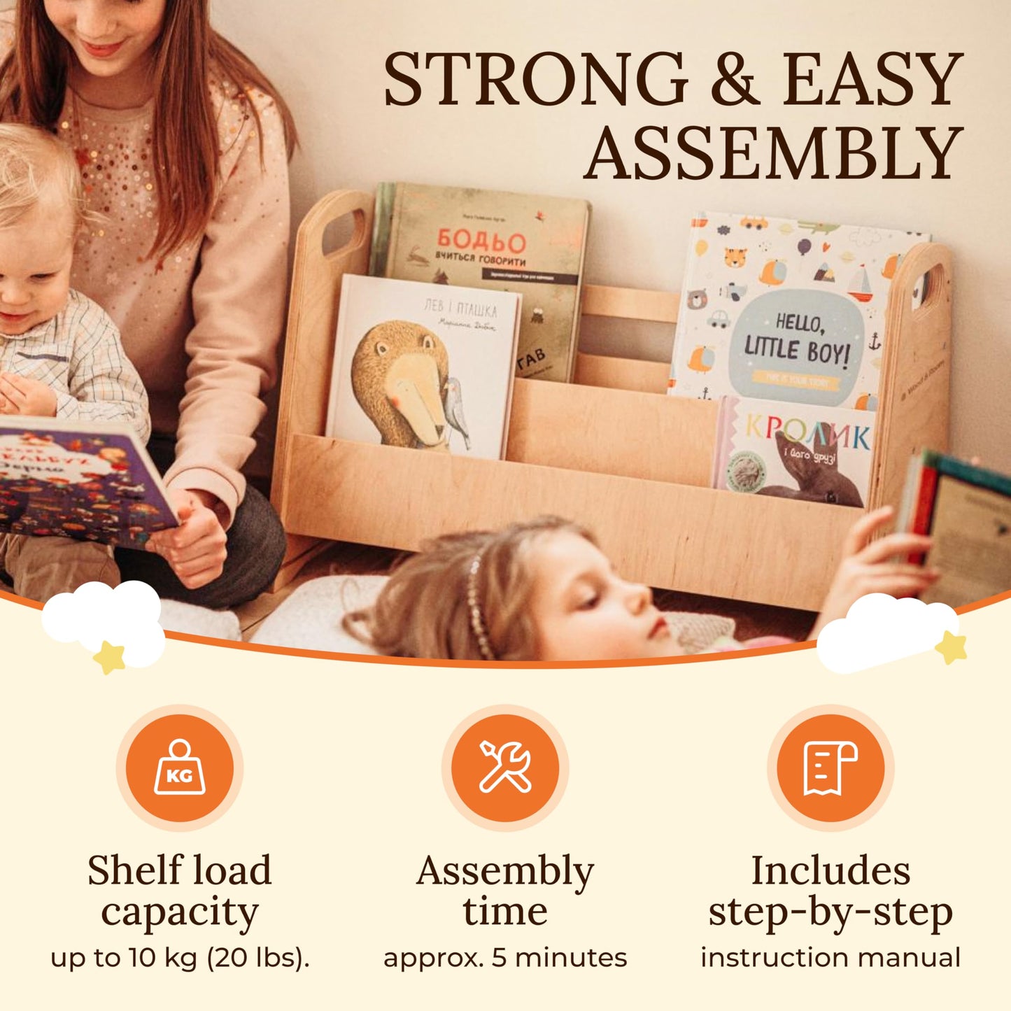 WOOD&ROOM Kids Bookshelf - Montessori Book Display Shelf - Small Bookshelf for Kids Room, Nursery, or Classroom - Wooden Front Facing for Toddlers - Book Rack and Storage Organizer Stand