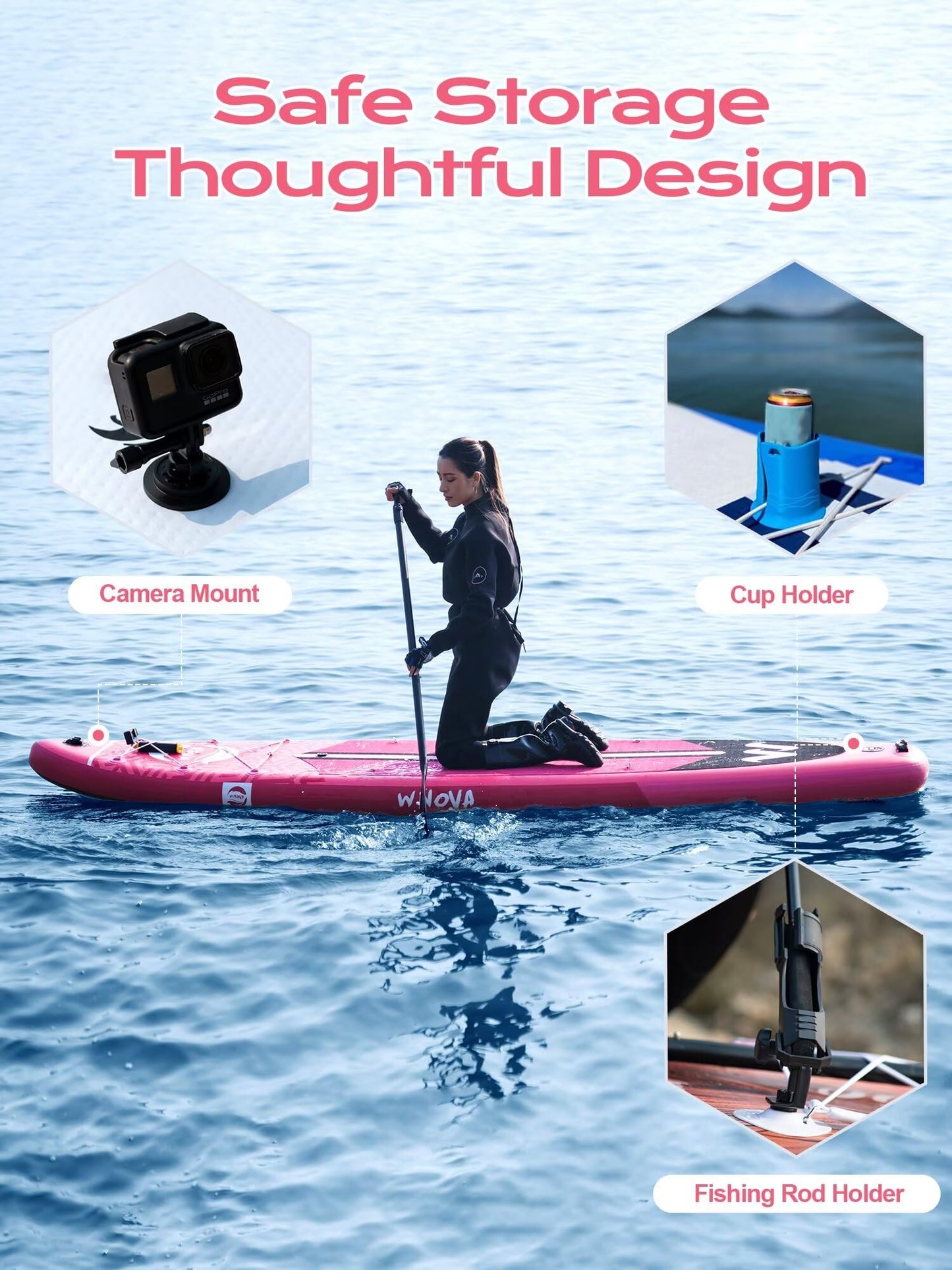 WNOVA Extra Wide Inflatable Paddle Board, 11' x 34" x 6" Stand Up Paddle Board for Adults, SUP Accessories with Camera Mount, 2+1 Family for Lake, Ocean, Sea,Pink Girl