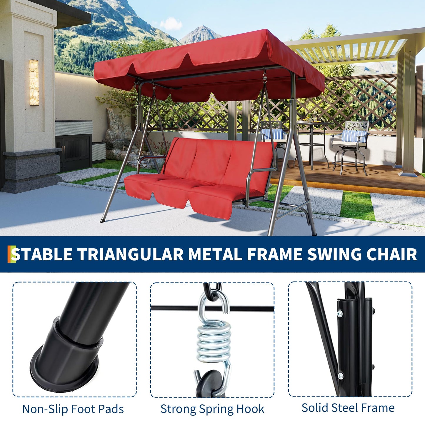 3 Person Patio Swing Chair with Canopy for Porch, Convertible Canopy Hanging Glider Lounge Chair, Patio SwingWith Adjustable Tilt Shade