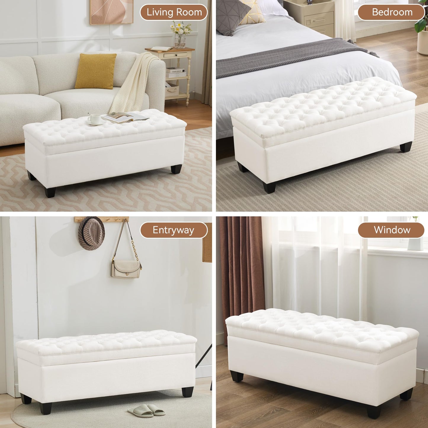 WUTUTUEE 51" Fabric Storage Ottoman Bench, Upholstered Rectangle End of Bed Storage Ottoman Tufted Living Room Bedroom Bench with Safety Hinge, Solid Wood Legs, Loads 500 lb(Beige)