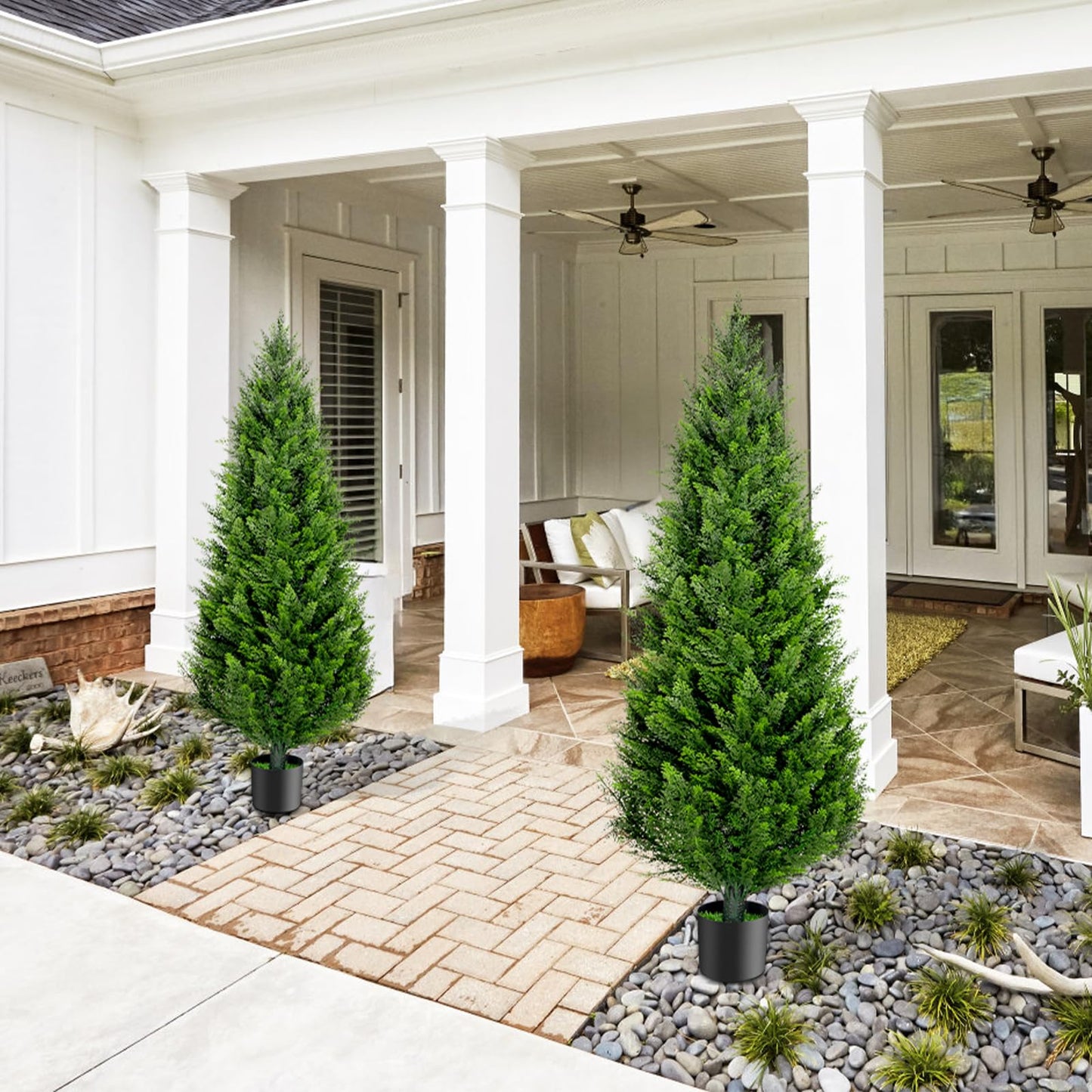 4FT Artificial Topiary Cedar Trees Outdoor Set of 2 Faux Pine Potted Plants 48'' UV Resistant Long Lasting Evergreen Fake Cypress Shrubs for Home Front Porch Patio Decor