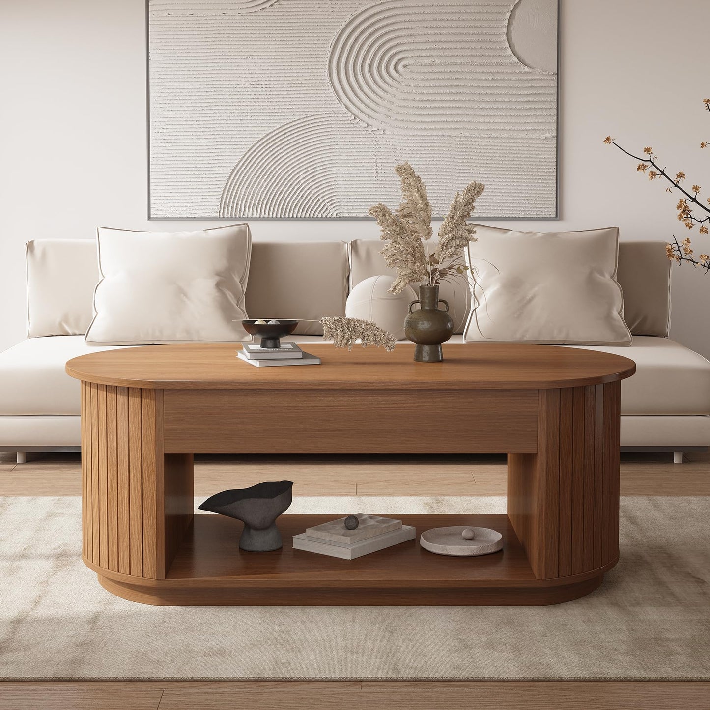 47-Inch Lift Top Wood Coffee Table with Hidden Storage Compartment and Open Shelf for Living Room, Fluted Oval Center Tea Table with Wooden Lift-Top for Apartment, Small Space, Light Brown Oak