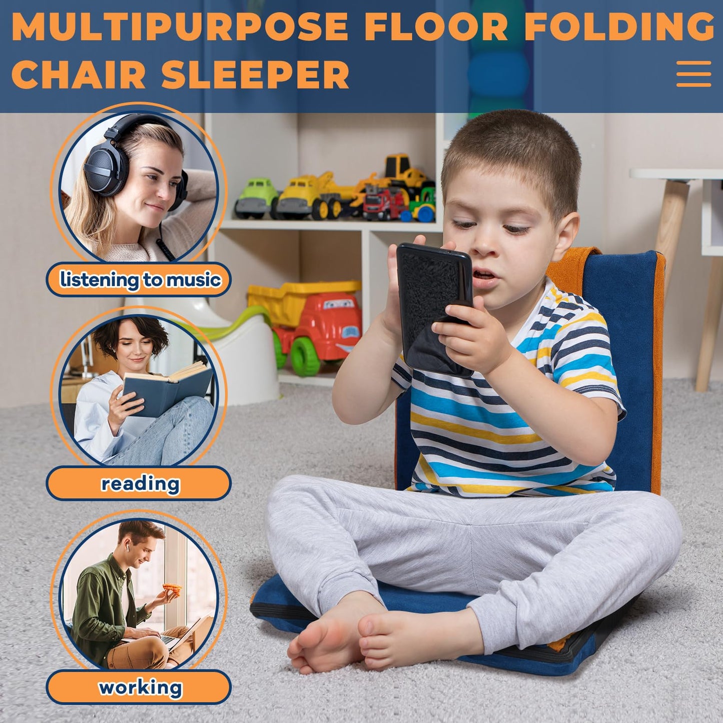 2 Pcs Floor Chair with Back Support Padded Floor Seating Portable Floor Seat Meditation Cushion Adjustable Fully Folding Backrest for Adult Kid Gaming Linen Washable Cover, Nylon Bottom (Blue, Khaki)