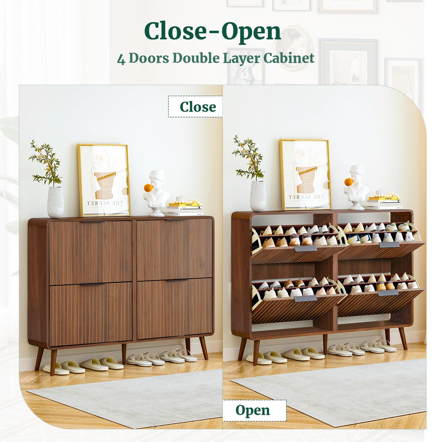 47" Fluted Large Shoe Cabinet with 4 Flip Drawers, Slim Freestanding Shoe Cabinet Organizer, Narrow Shoes Storage Rack for Entryway, 5 Sturdy Legs (Walnut, 9.45" D x 47.24" W x 35.83" H)