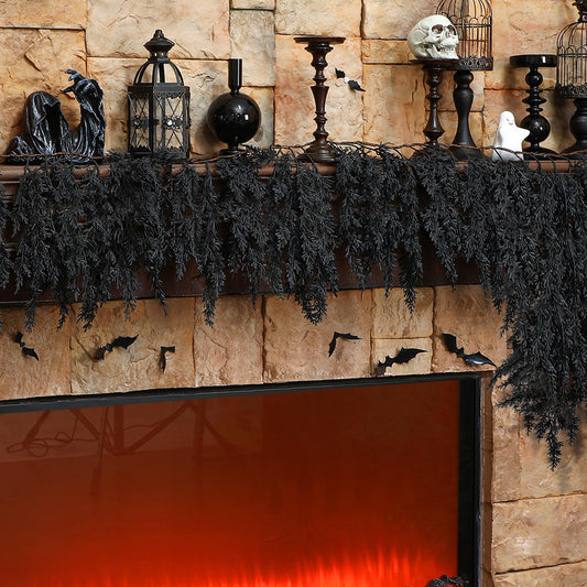 XunYee Black Halloween Garland 6 Feet Cedar Garland Artificial Faux Trailing Realistic Summer Halloween Hanging Vine Twigs for Thanksgiving Party Mantel Fireplace Wedding Outdoor Indoor Home Decor