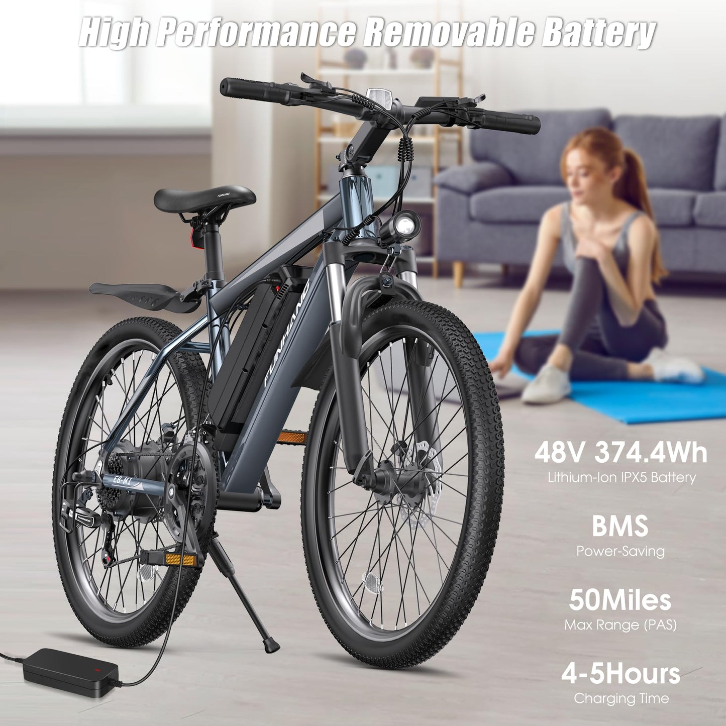 Funhang Electric Bike for Adults, Peak 1000W Ebike, 50Miles 21.7MPH Adult Electric Bicycles, 26" Electric Mountain Bike 48V 374.4WH Battery, Commuter E Bike with Adjustable Stem, Fenders, 21 Speed