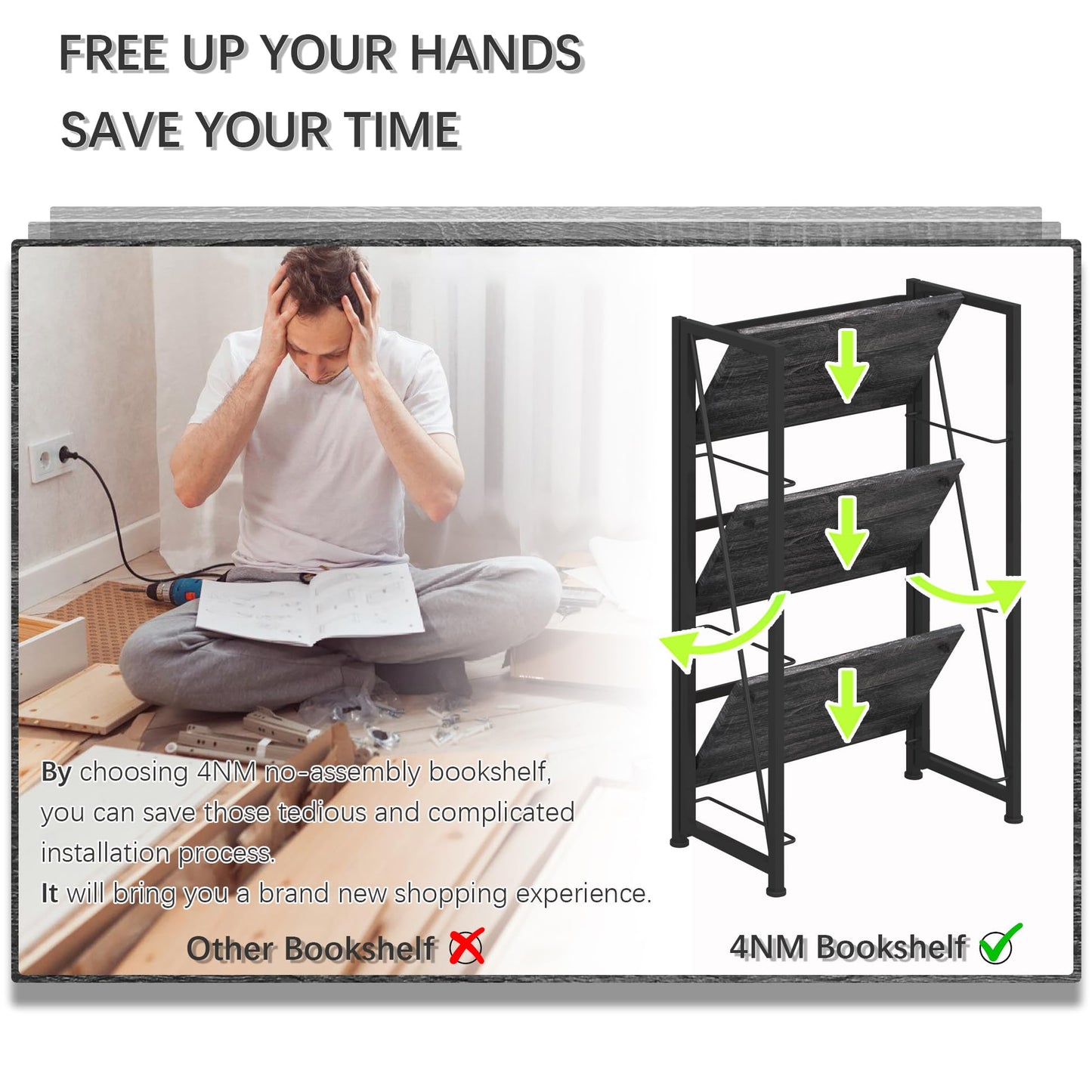 4NM No-Assembly Folding Bookshelf Storage Shelves 3 Tiers Vintage Bookcase Standing Racks Study Organizer Home Office (Gray Black)