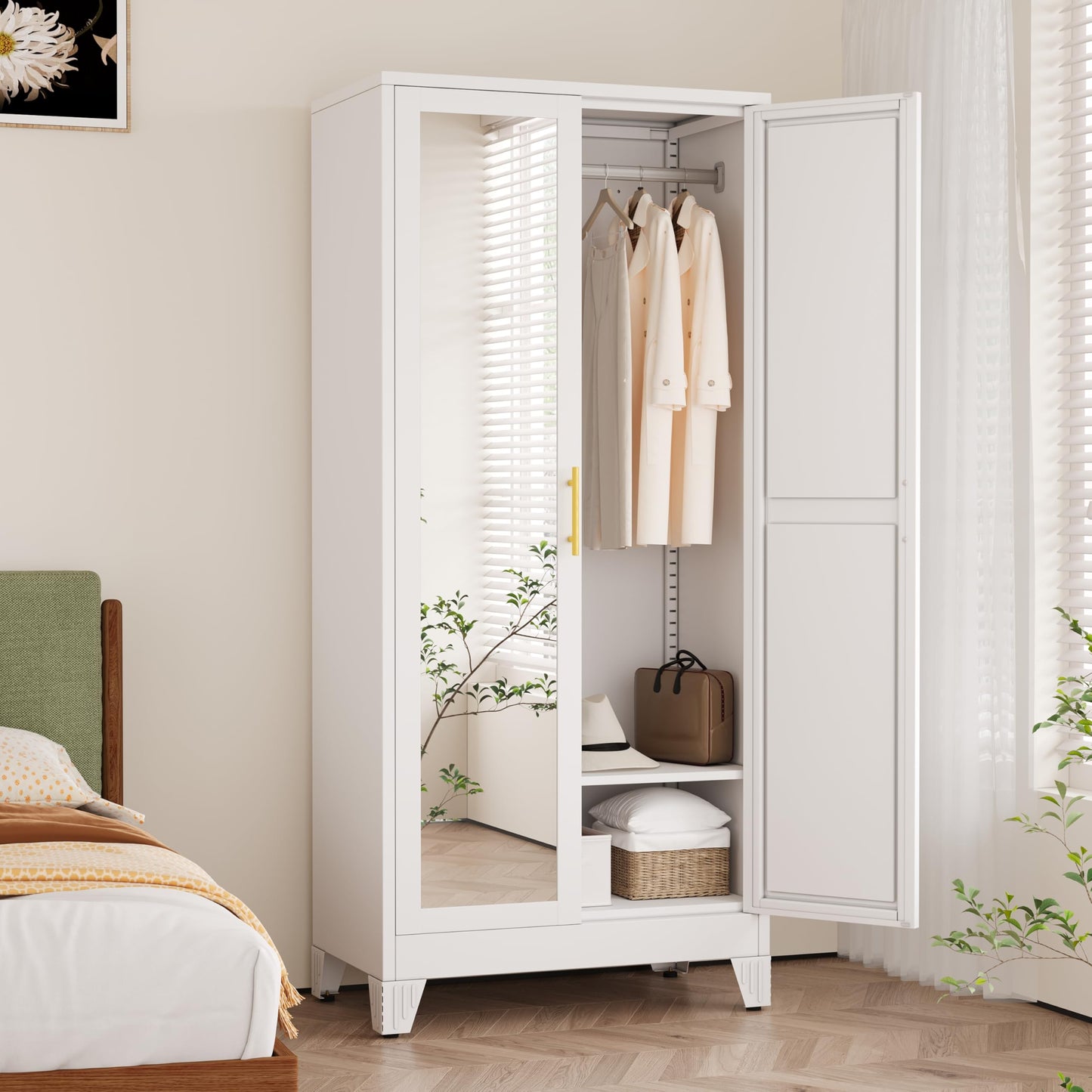 winiowa Metal Armoire Wardrobe Closet with 2 Mirror Doors, 71"' Wardrobe Cabinet with Adjustable Shelves and Hanging Rod, Clothing Storage Cabinet Closet with Mirror for Bedroom-White
