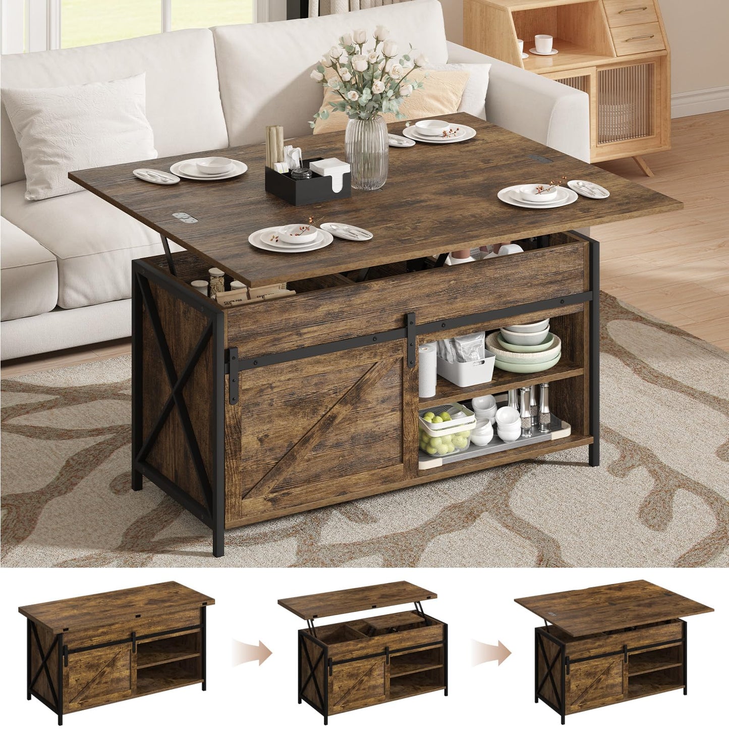 Vividwood Lift Top Coffee Table with Storage and Sliding Door, 4 in 1 Multi-Function Convertible Tea Table with Hidden Compartment, Farmhouse Center Table with Wood Lift Tabletop for Living Room Brown
