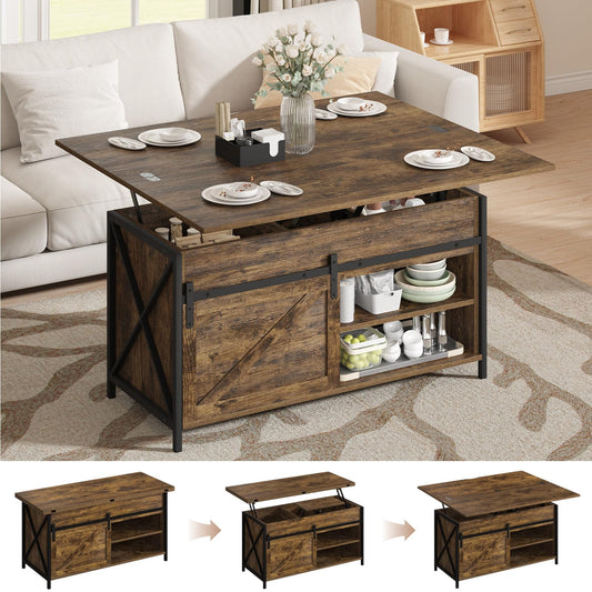 Vividwood Lift Top Coffee Table with Storage and Sliding Door, 4 in 1 Multi-Function Convertible Tea Table with Hidden Compartment, Farmhouse Center Table with Wood Lift Tabletop for Living Room Brown