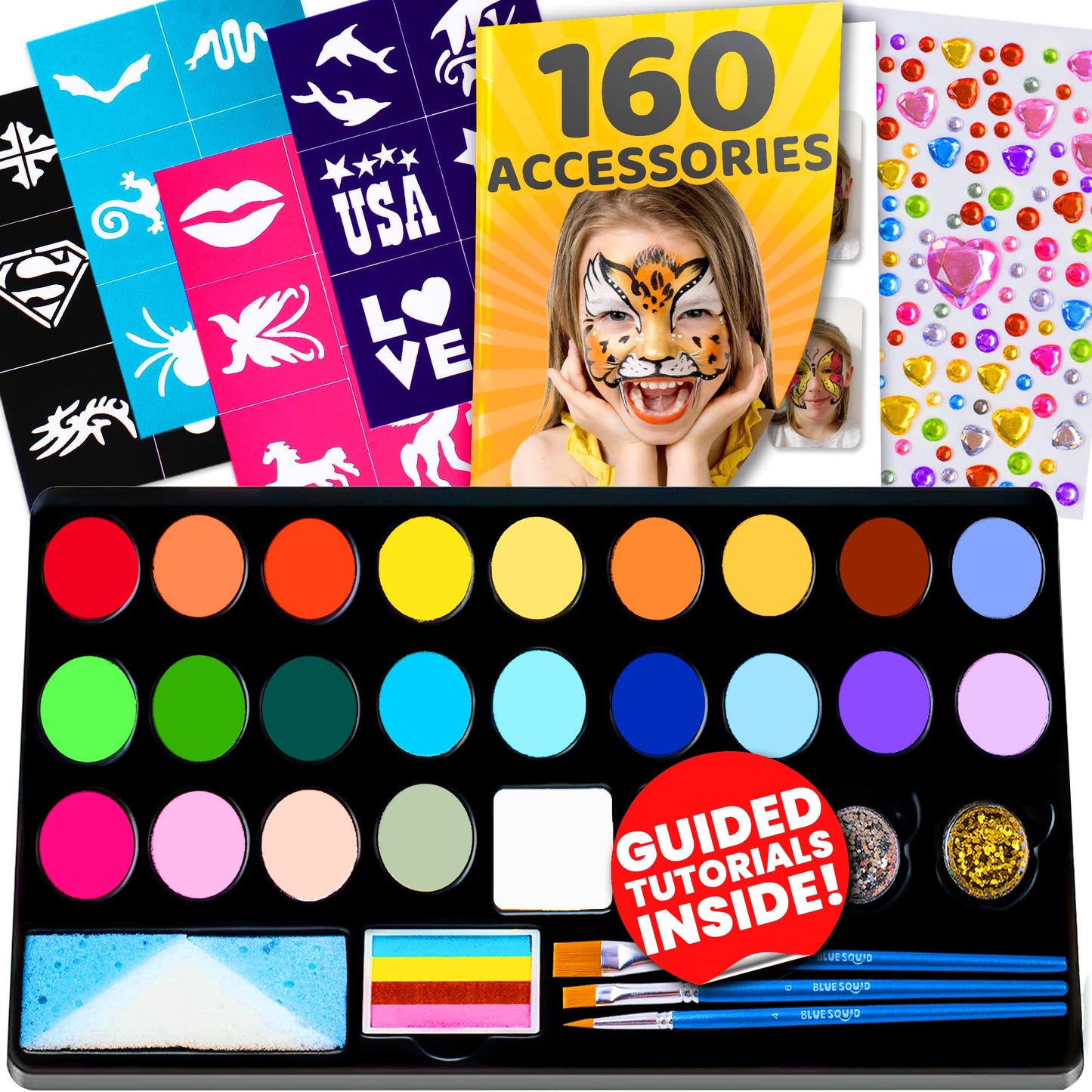 28 Color Face Painting Kit for Kids - Blue Squid Face Paint Kit Palette with 160pc accessories Stencils, Water Activated Non Toxic Washable Professional Facepaint body set Halloween Party Makeup
