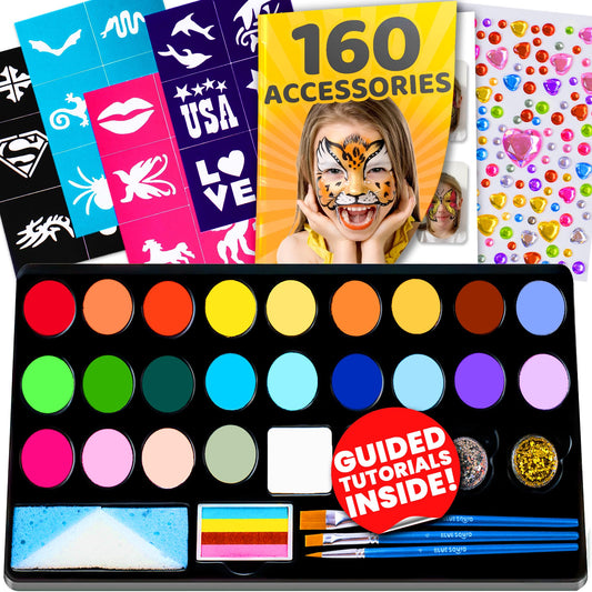 28 Color Face Painting Kit for Kids - Blue Squid Face Paint Kit Palette with 160pc accessories Stencils, Water Activated Non Toxic Washable Professional Facepaint body set Halloween Party Makeup