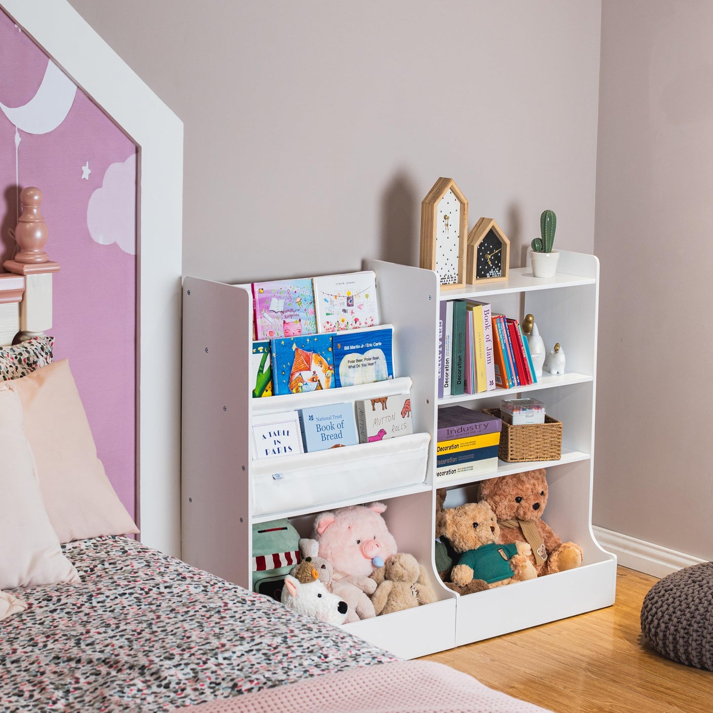 48.6" Large Solid Wood Kids Bookshelf, 3 Layer Sling Children Bookshelf, Baby Book Shelf With Toy Storage Organizer, Display Shelves, Toddler Bookcase For Kids Room, Library, Nursery, Playroom