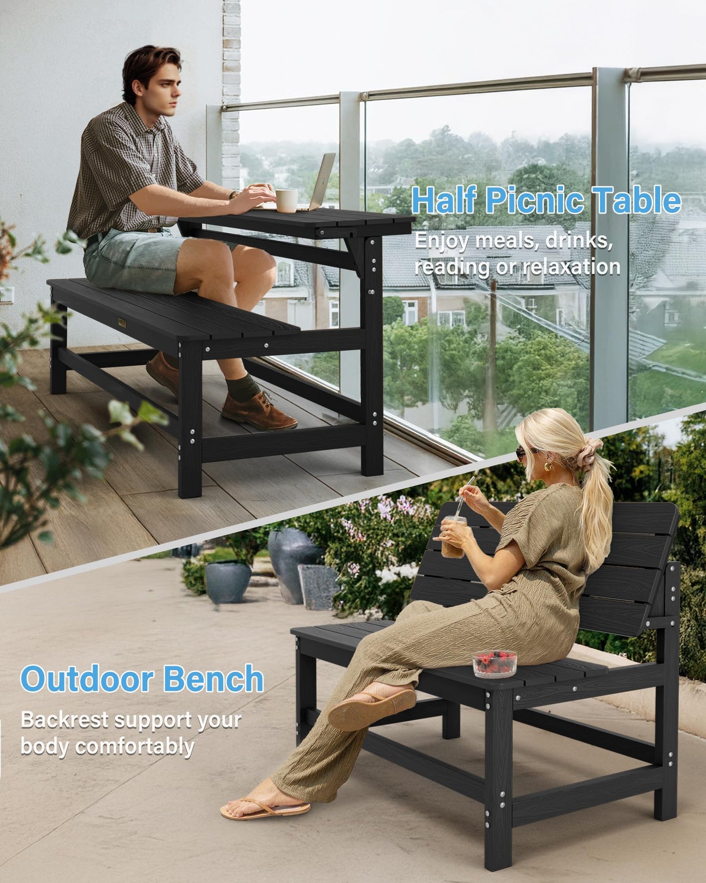 YEFU Convertible Bench Picnic Table: HIPS Convert a Bench with Umbrella Hole - Foldable Space-Saving Picnic Outdoor Benches for Outside Patio Porch Backyard Park Garden Black