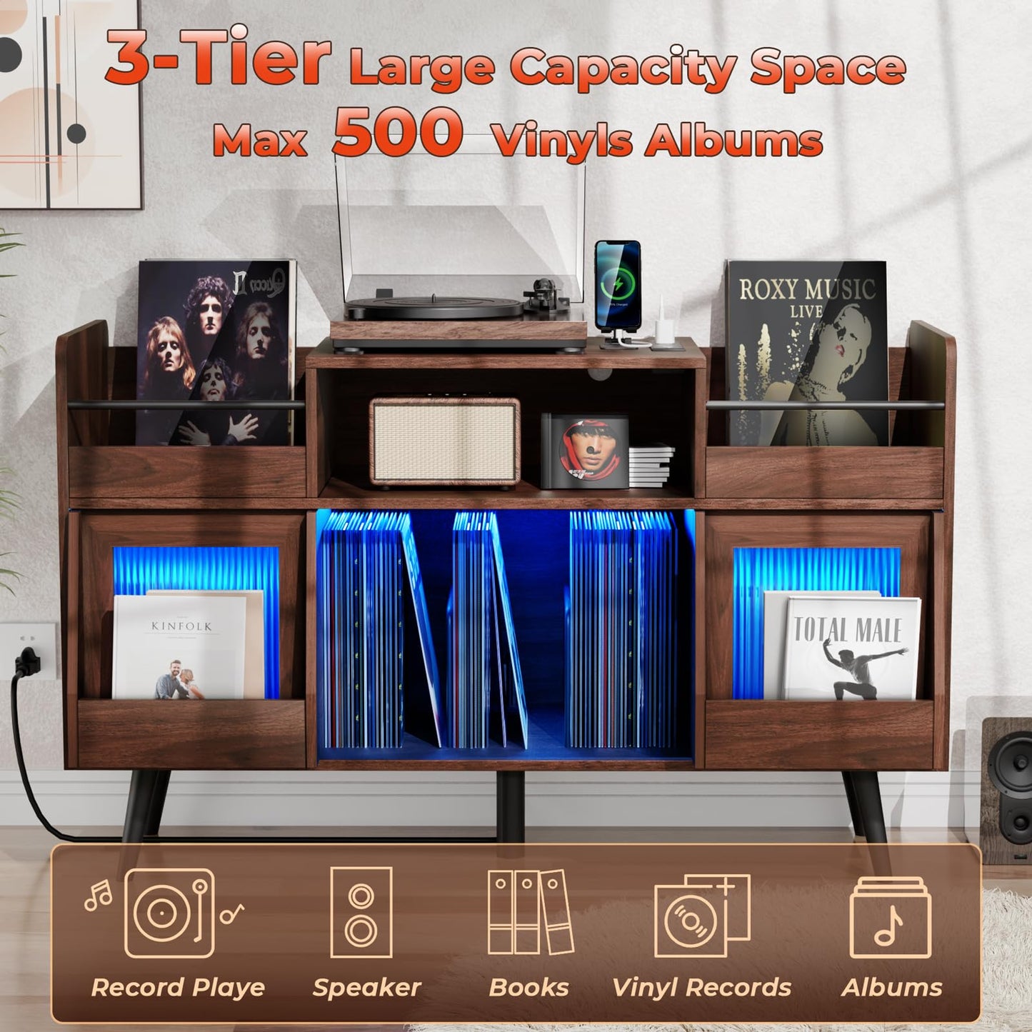 XL Record Player Stand with Sliding Door,500 Vinyl Record Storage Cabinet, Record Player Table with Power Outlet & LED Light,Turntable Stand with Wood Legs for Living Room,Office