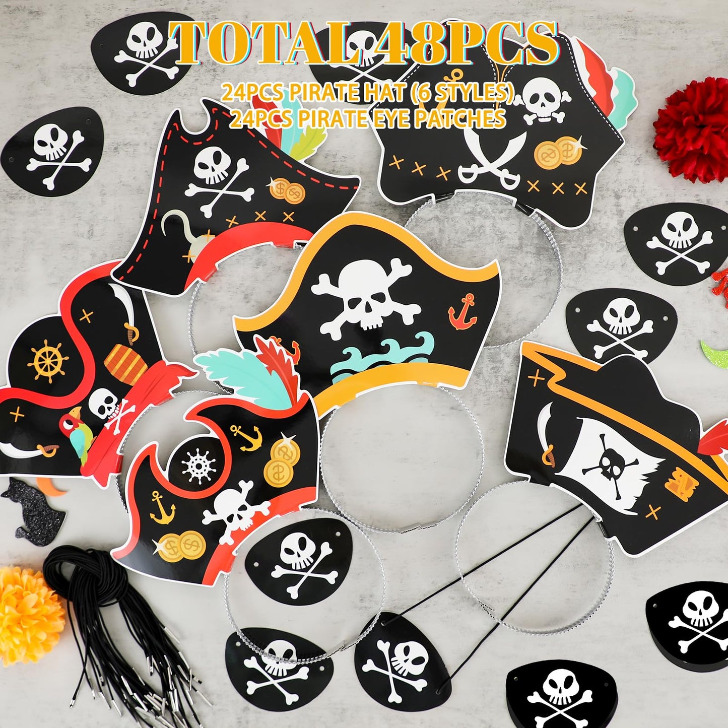 24 Set Pirate Hat Headbands & Eye Patches, Paper Pirate Costume Accessories Decoration for Pirate Theme Party Supplies Halloween Fancy Dress Caribbean Cosplay - Party Favors for Boys & Girls (48 Pcs)