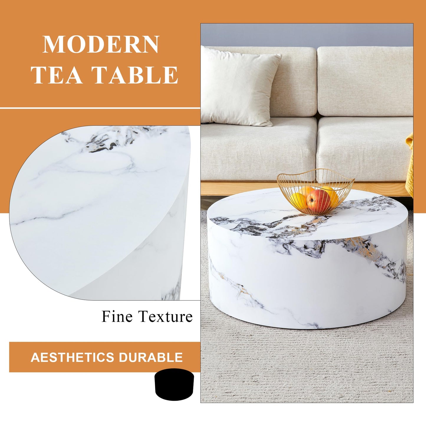 27.5" Round Coffee Table, Modern White Marble Coffee Tables for Living Room, Faux Marble Wooden Circle Center Table Accent Cocktail Tea Tables for Apartment Home Office, No Assembly