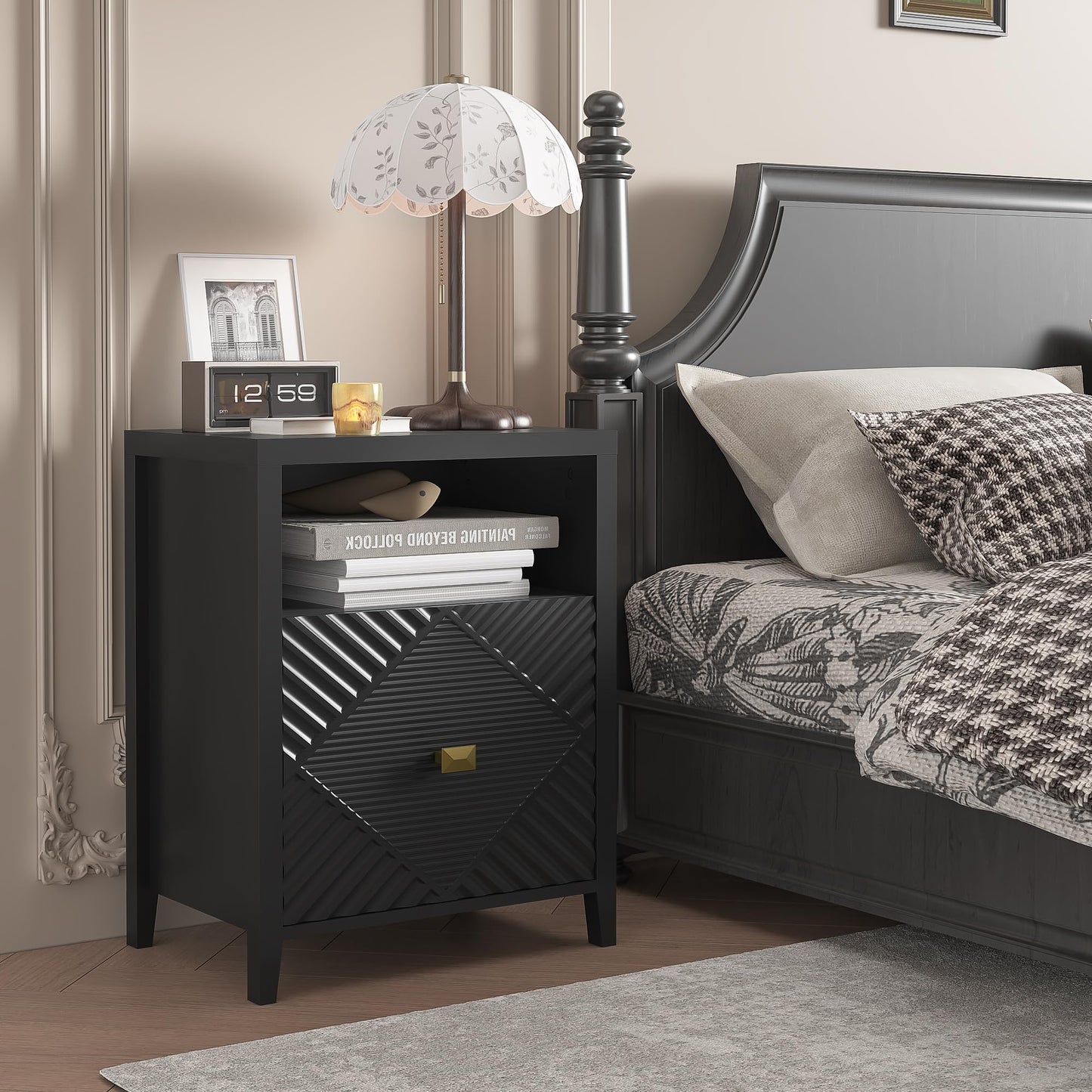 3imothrix End Table Set of 2 with Charging Station, Modern Nightstand with Door and Open Shelf, Fluted Design, Bedside Table for Bedroom, Living Room, Black